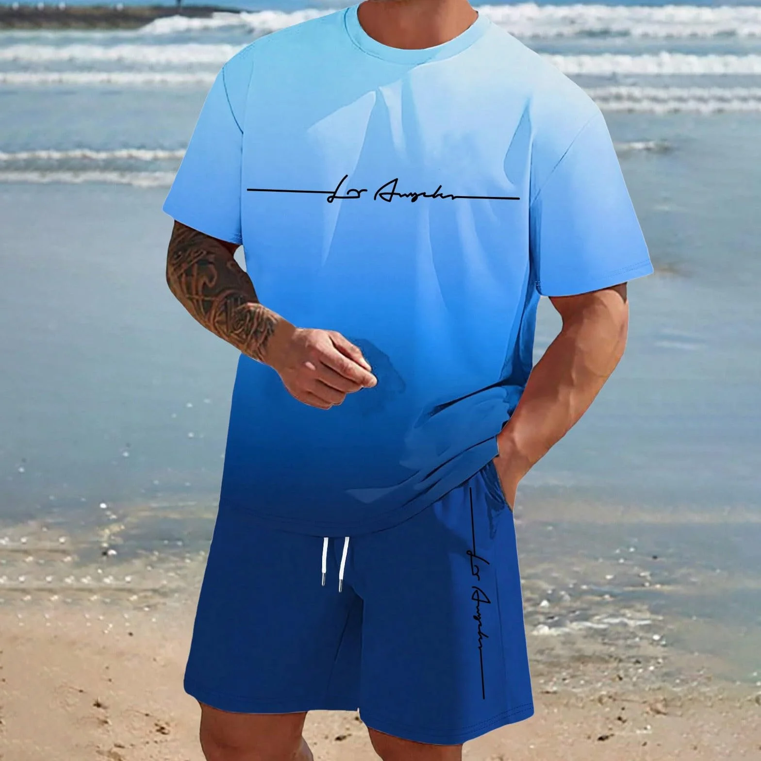 Ensemble Jogging Homme Court Ete Chic Baggy 2 Pièces T-Shirt Imprimé Lettrage Short Cordon Respirant Survetement Plage
