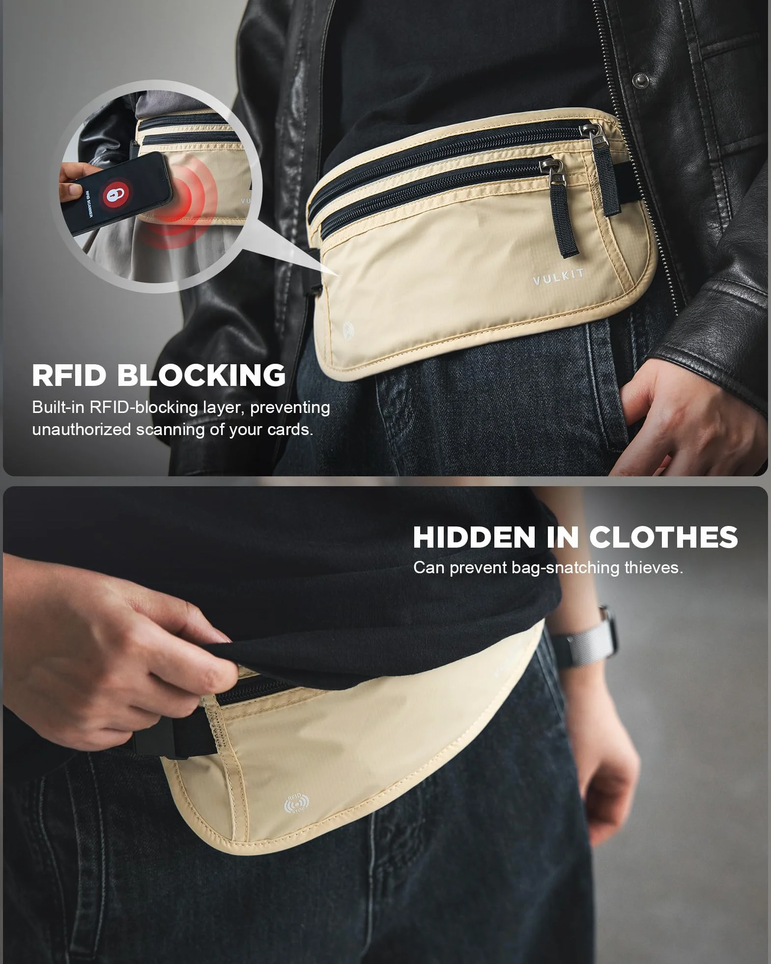 VULKIT Banane de Voyage Anti-Vol RFID Blocage Pochette Passeport Blanc Crème
