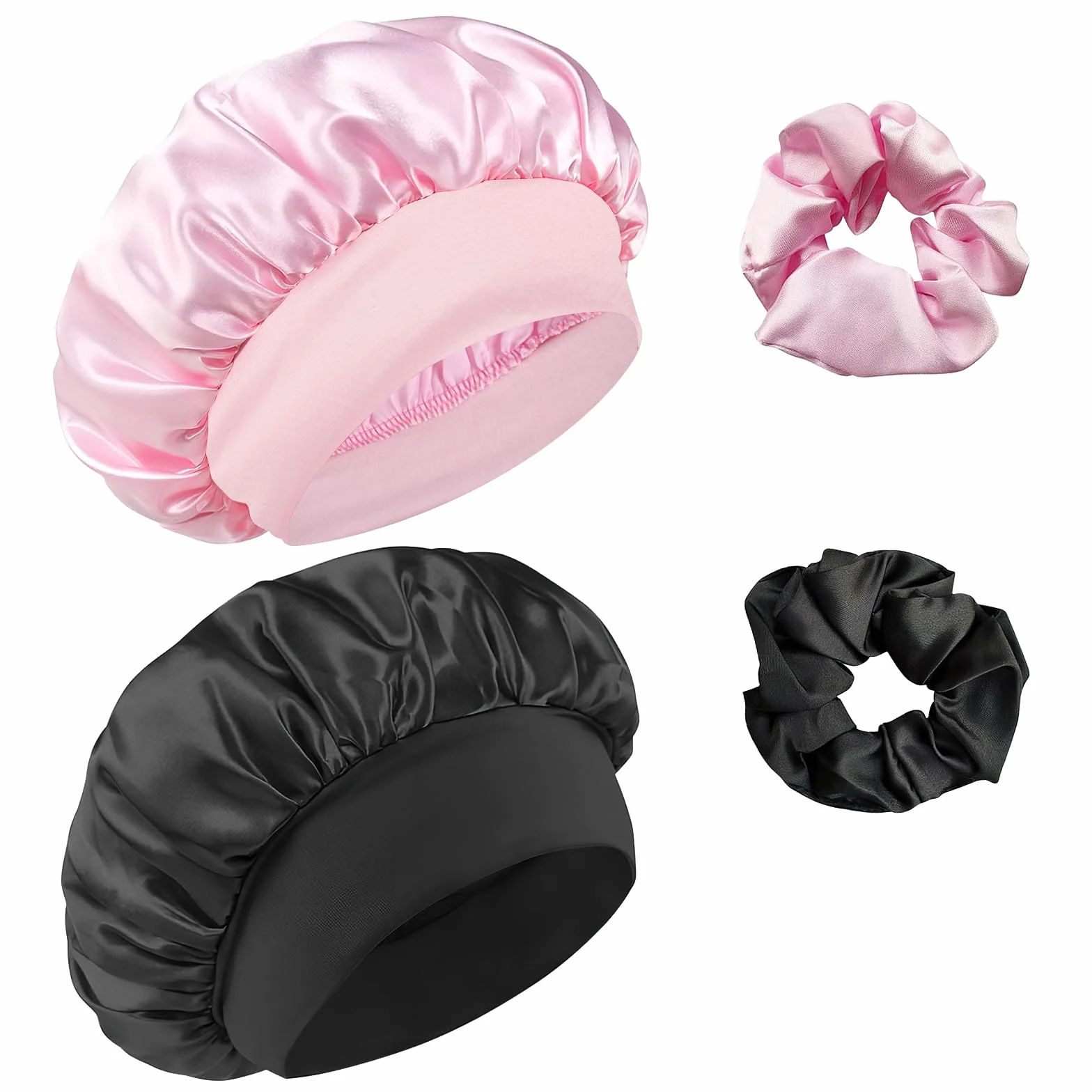 Bonnet Satin Cheveux Nuit avec Elastiques, Protection Cheveux Noir Rose