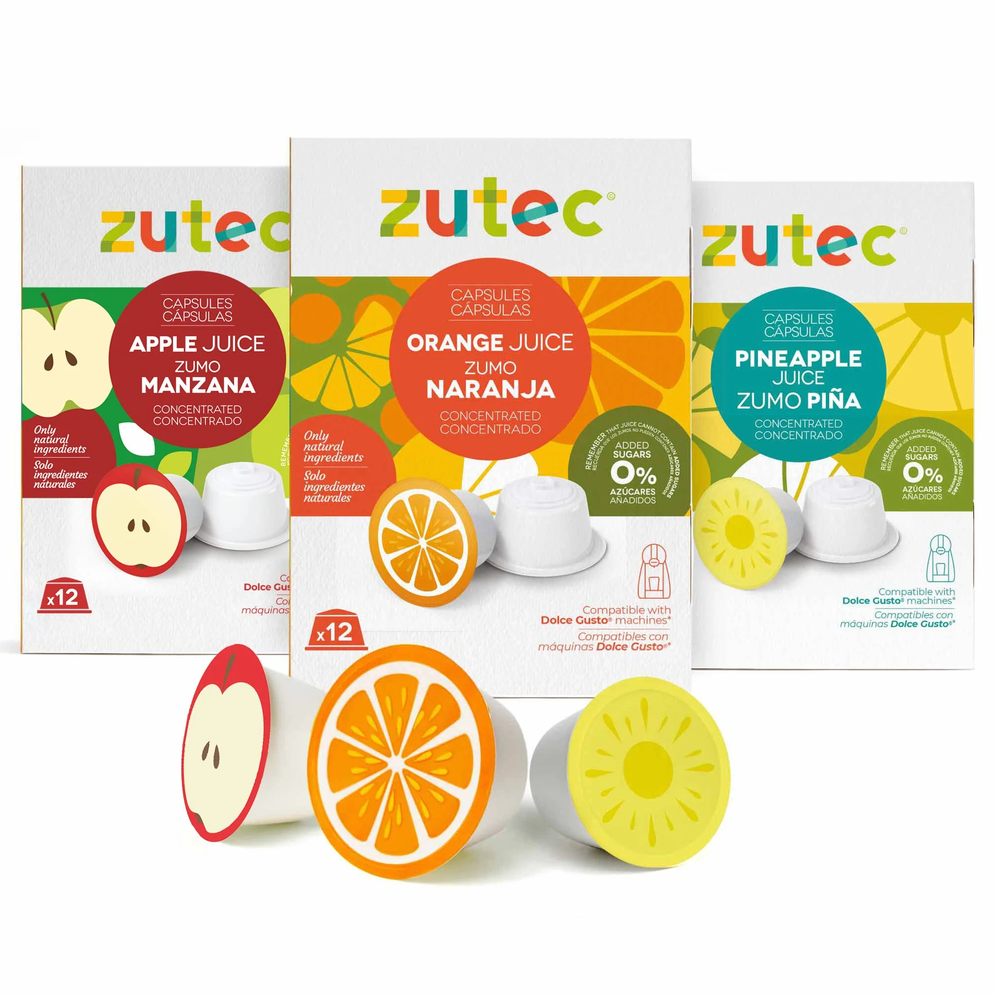 Zutec - Capsules de jus - Compatible avec la cafetière Dolce Gusto®* - Saveurs assorties - Orange, ananas et pomme - 3 paquets de 12 capsules - 36 capsules - Végétalien