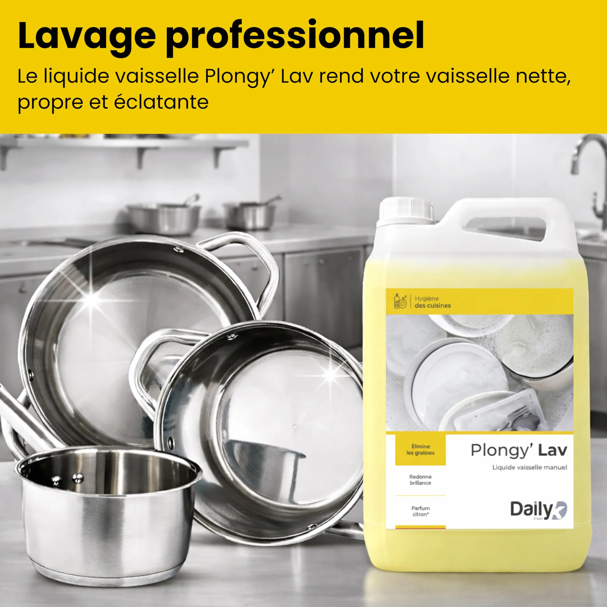 Liquide Vaisselle Manuel 5L - Produit Vaisselle Liquide PLONGY’LAV en Bidon - Produit Dégraissant Parfum Citron - Grand Format Économique pour Usage Intensif - Made in France