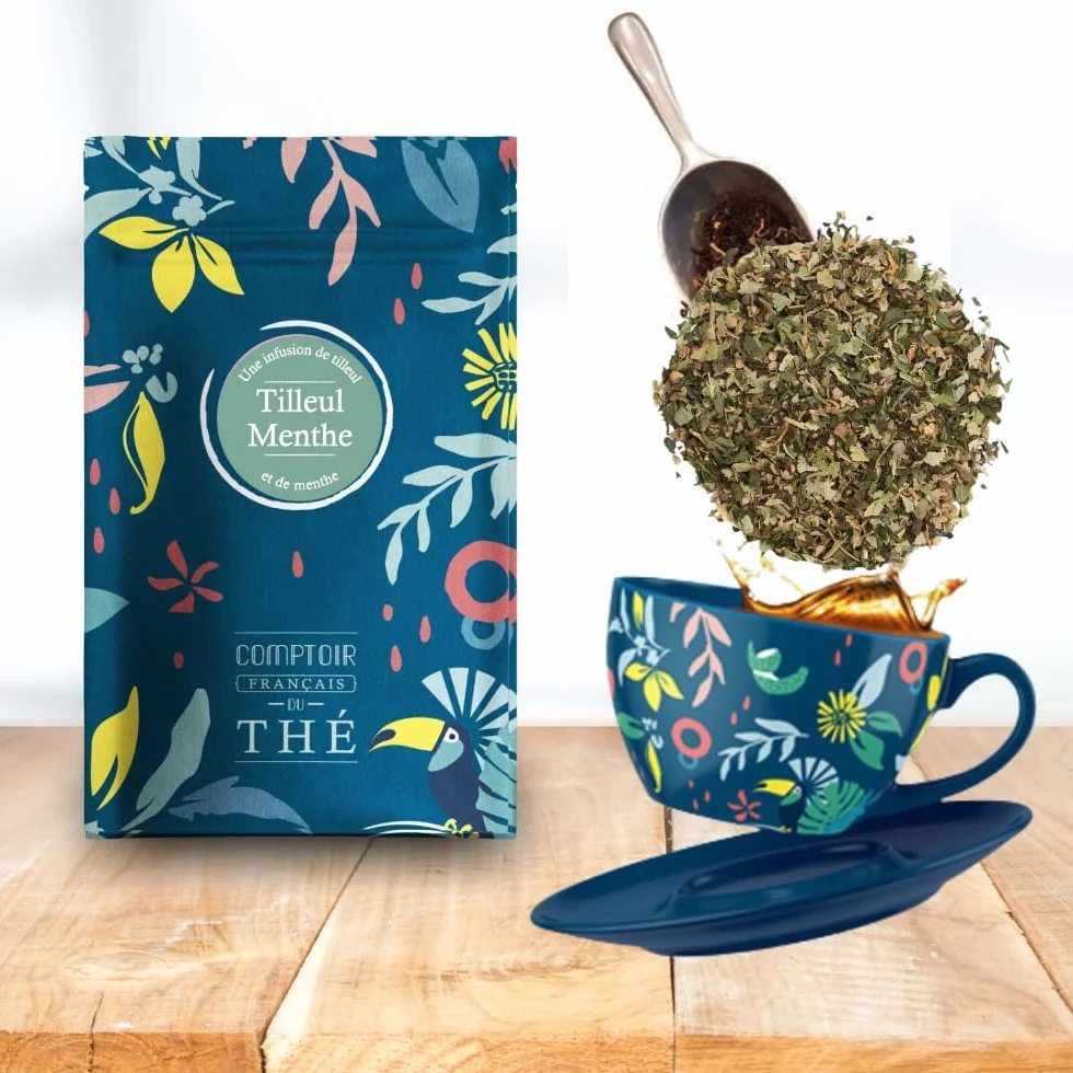 2x100g d'Infusion - Tilleul Menthe COMPTOIR FRANÇAIS DU THÉ | Notes de Tilleul et de Menthe - À déguster tout au long de la journée - Infusion en vrac, sachet zip refermable - thé de Noël