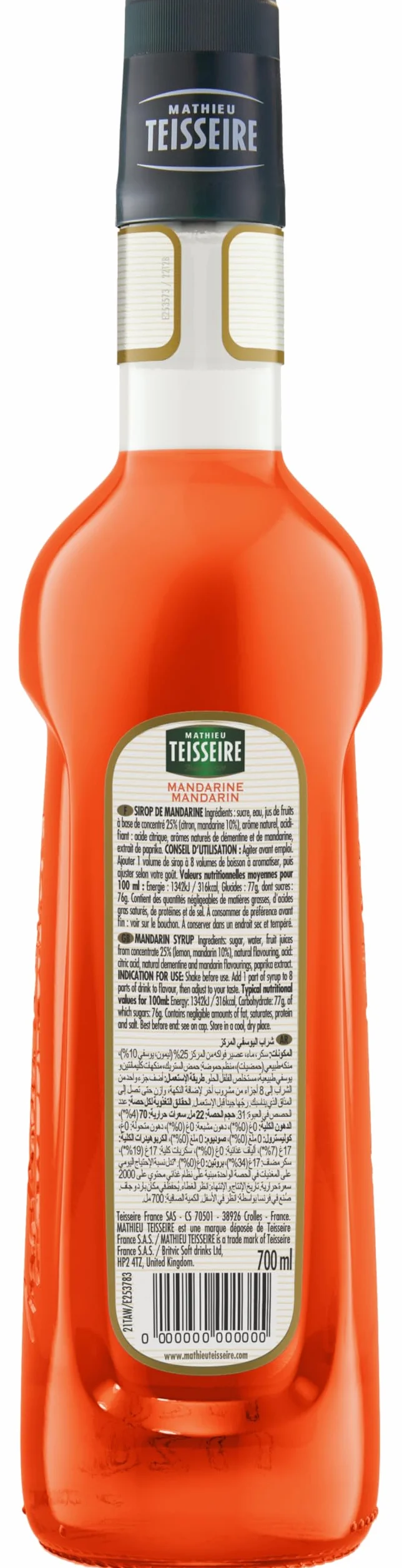 Sirop de Mandarine Mathieu Teisseire, pour boissons rafraîchissantes, cocktails et desserts, bouteille de 70cl