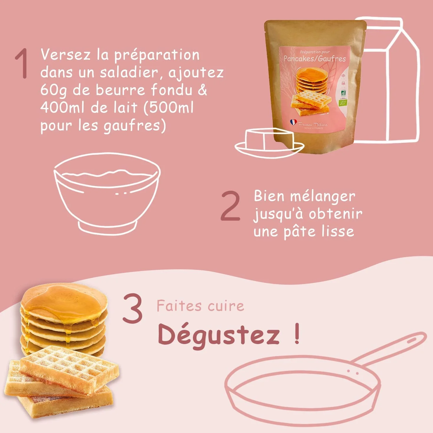 FRANCE DÉLICES - Préparation Pâtisserie 2-En-1 Pour Pancakes Et Gaufres Bio - Petit Déjeuner Ou Goûter Gourmand Et Naturel - Prêt En 5min - Fabrication Artisanale En France - 4/6 Pers. - 300g