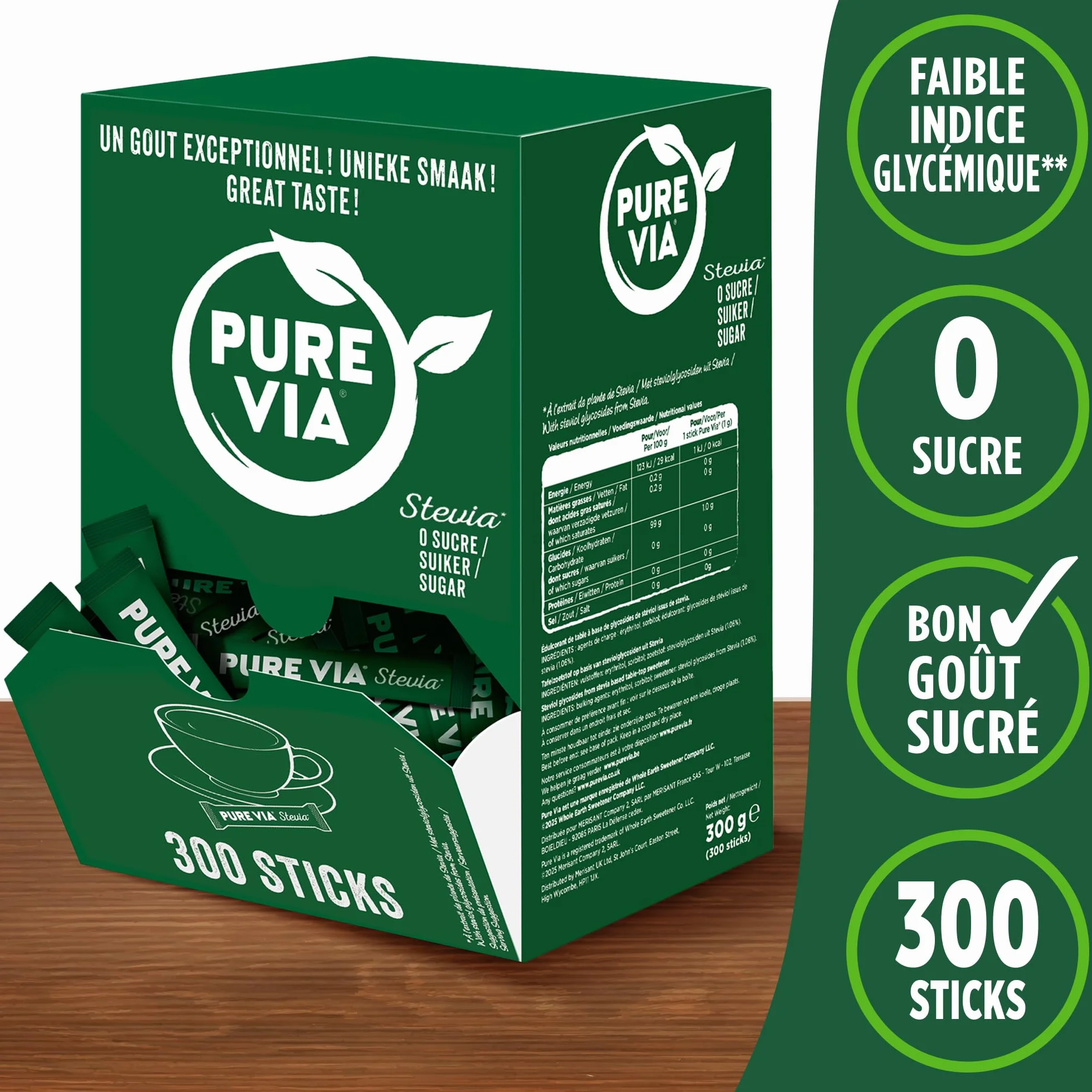 Pure Via - Stevia - Sticks - Zéro calorie, Zéro Sucre 300 sticks - Alternative d'Origine Naturelle au Sucre | 300g