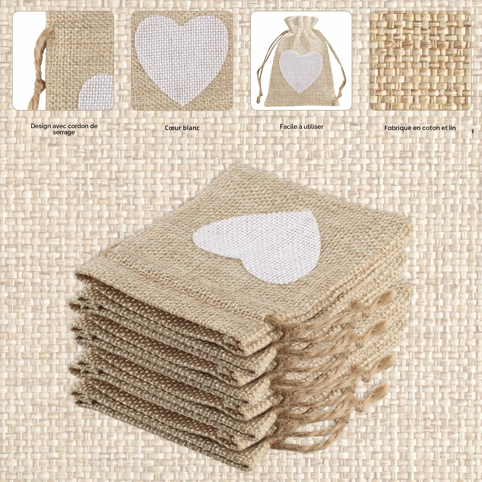 Sacs en Lin 10 x 8 cm, Petits Pochon Tissu, Sachets en Jute, Sac Jute Dragees, Sacs Cadeaux pour Bijoux Anniversaire Mariage Fête