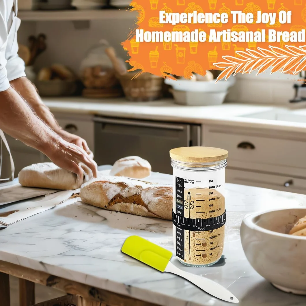 Kit de démarrage en verre pour levain - 650 ml - Récipient à levain réutilisable pour une cuisson facile du pain - Facile à utiliser et à nettoyer - Cadeau parfait pour la pâtisserie