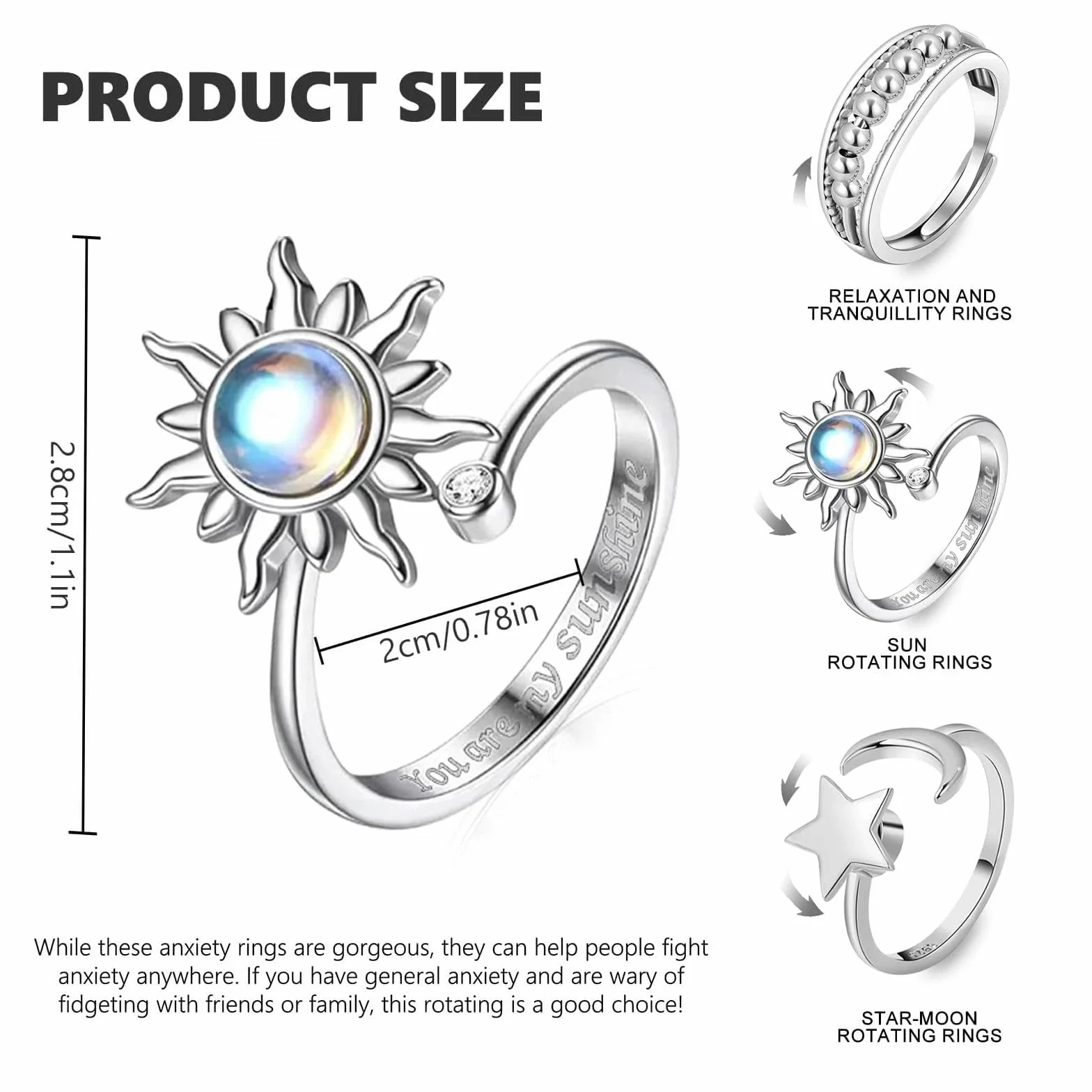 Anneaux de décompression 3 Pcs Bague Anti Stress Femme Argent Ajustables Rotatives Étoile Lune Soleil