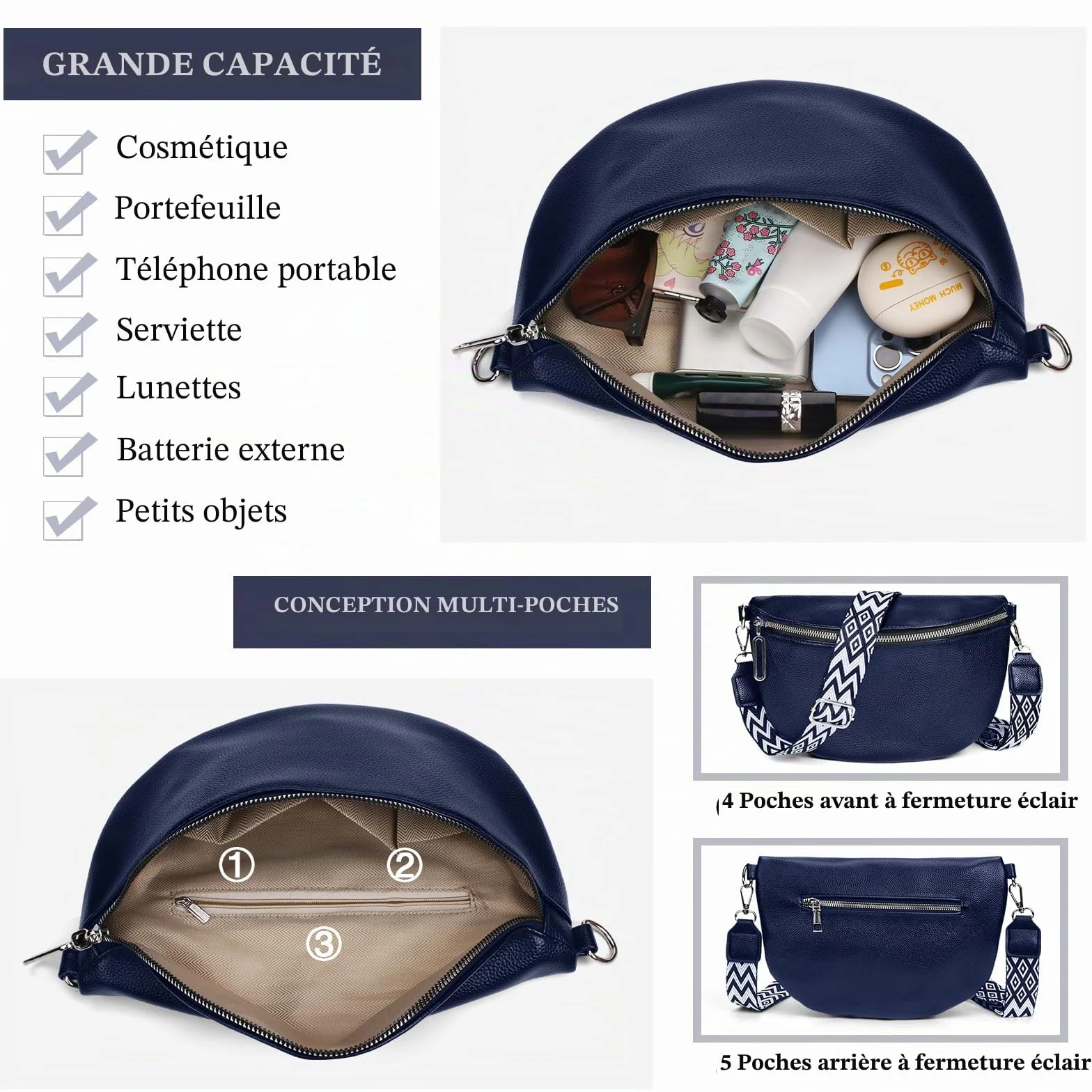 Sac Bandoulière Femme Chic Cuir Imperméable avec Sangle Large et Bandoulière Amovible