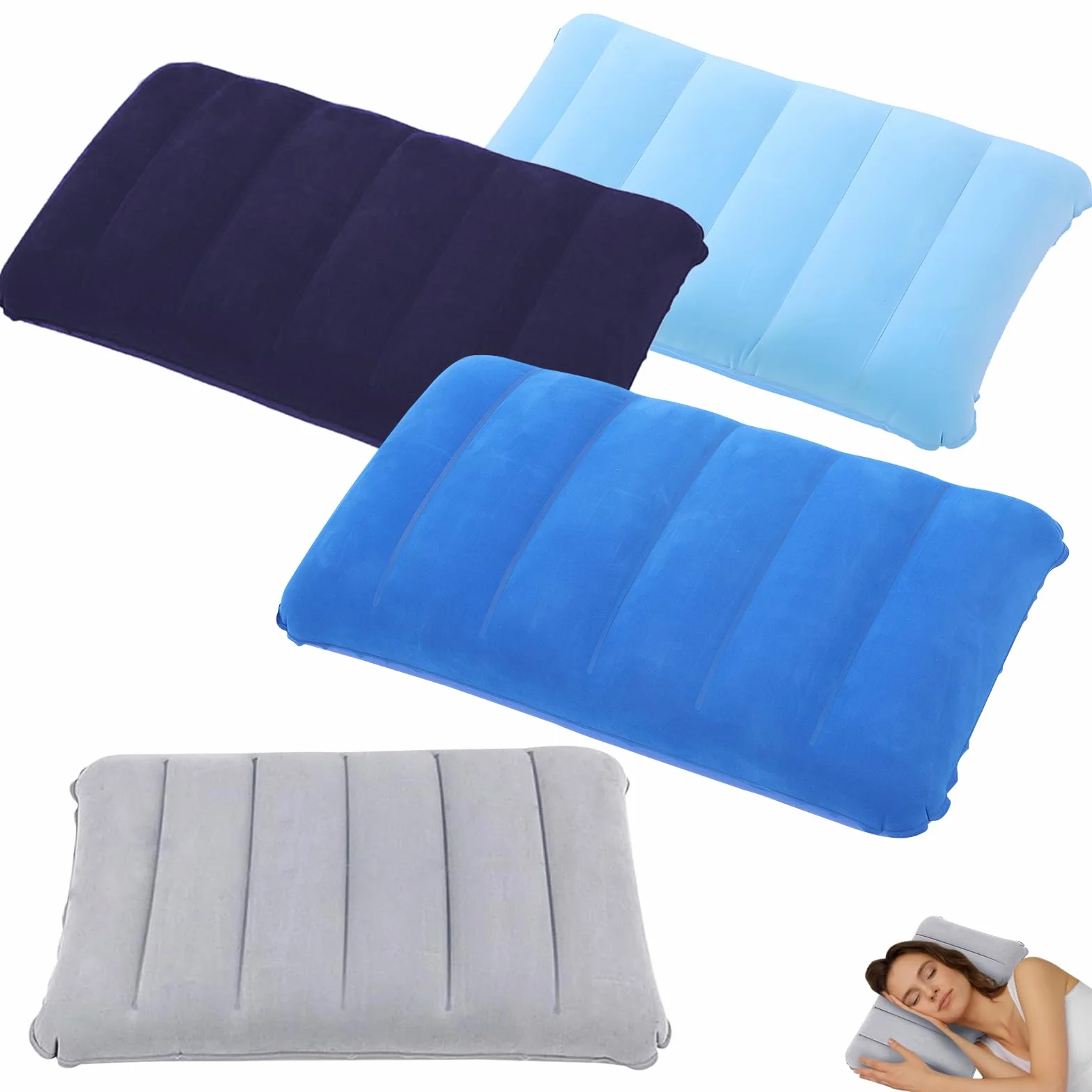 Lot de 4 Oreiller Gonflable Floqué 30x47cm Coussin de Plage Ultra Légers Résistants à l'eau Portatif