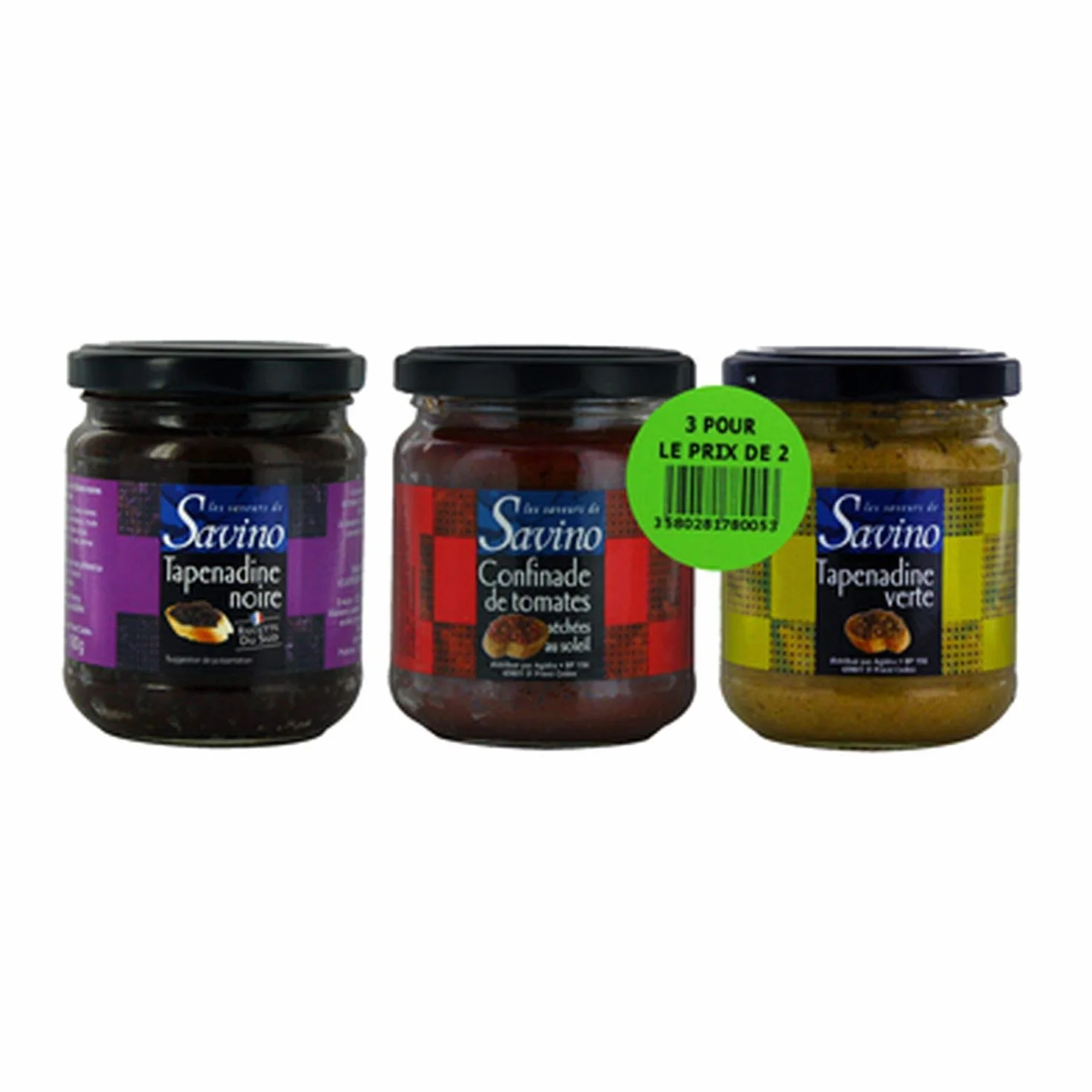 Lot 3x180g - Tapenadine noire + Tapenadine verte + Confinade de tomates - Les Saveurs de Savino