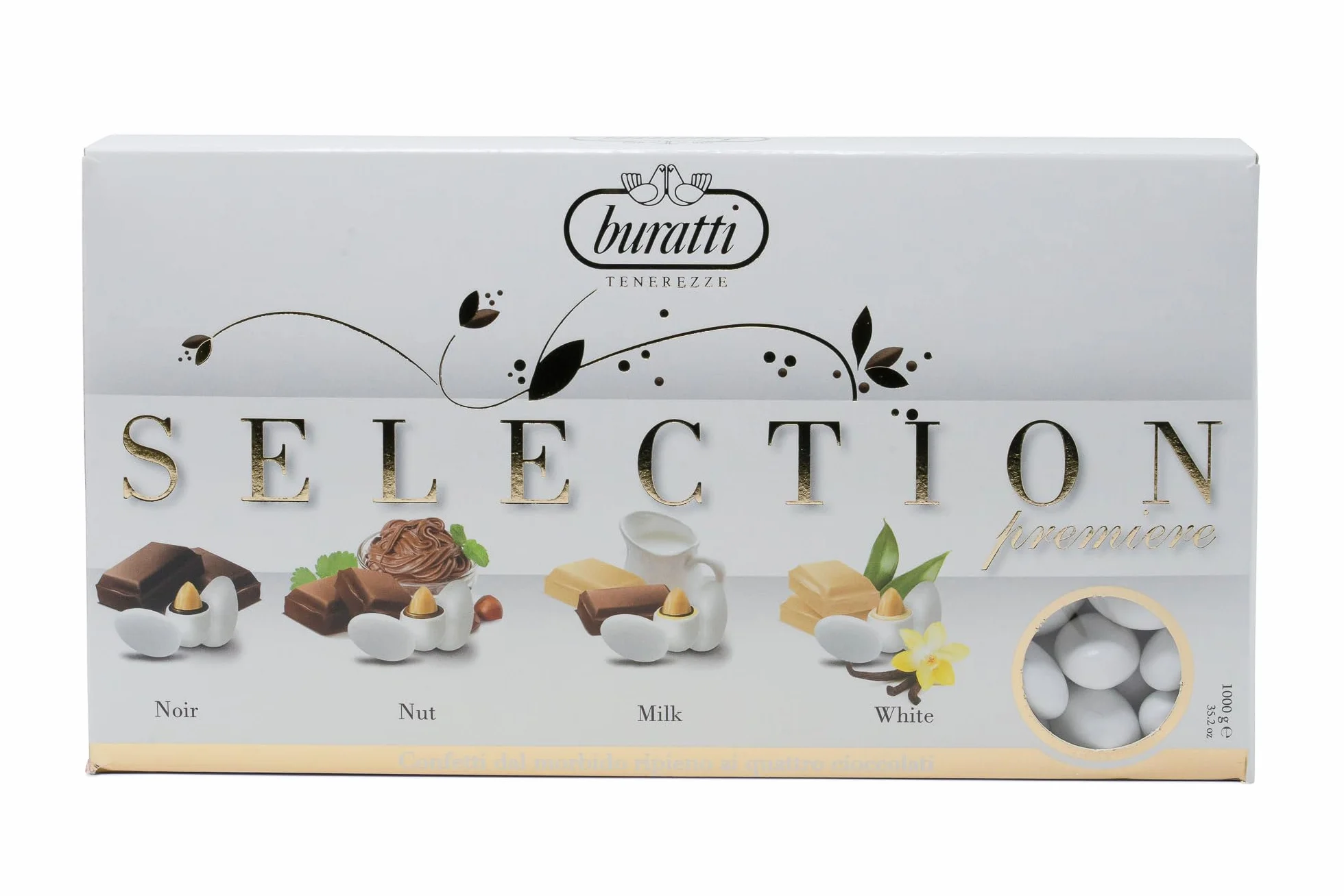 Buratti Confetti Dragées à l'amande Recouverte de Chocolat Tendresses Sélection 1 Kg -noir, noisette, lait et blanc