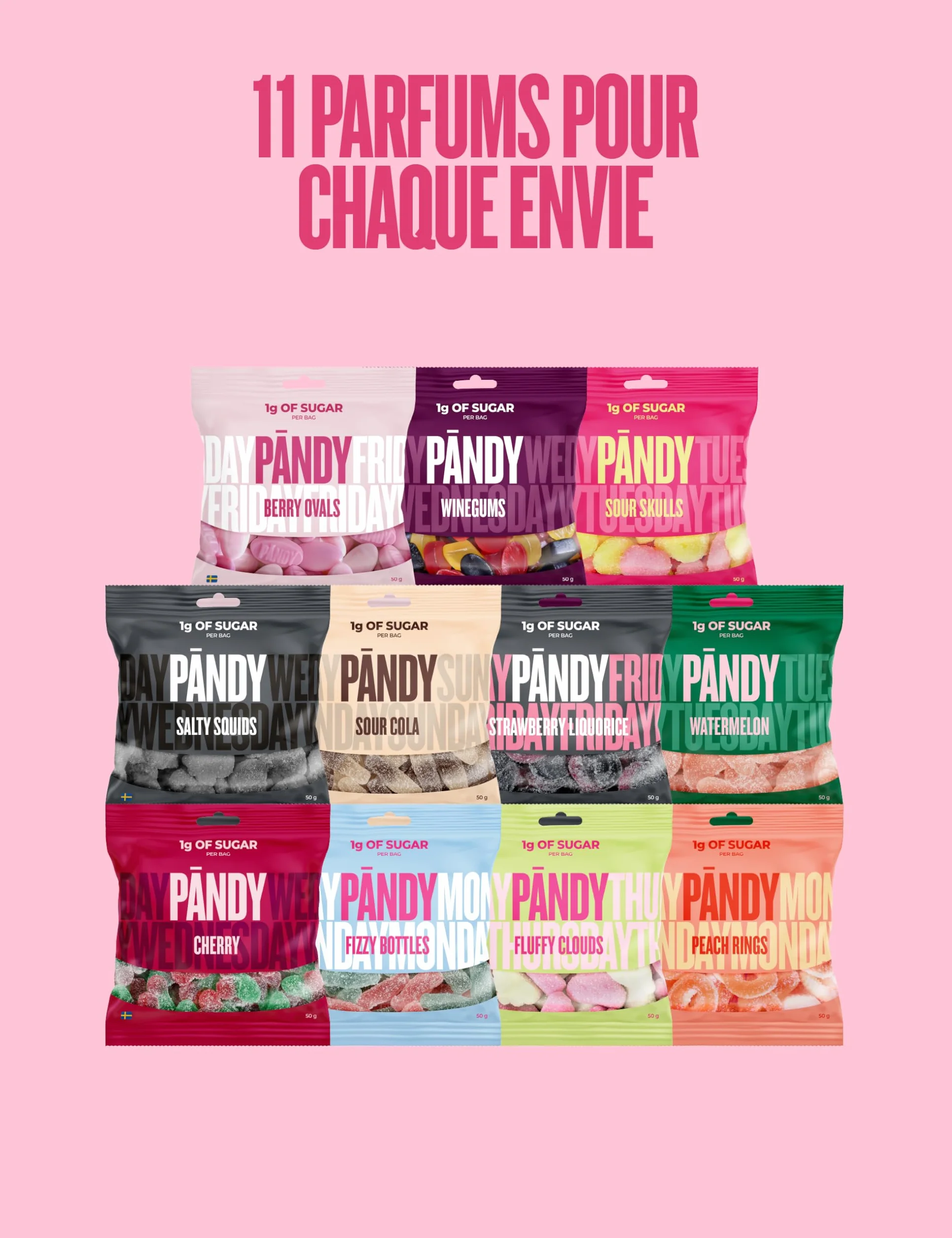 PÄNDY, bonbons sans sucre avec 100% de goût, 3x 50g (Winegums, Peach Rings, Cherry), gommes moelleuses moins de 1g sucre, 70 kcal et riches en fibres par sachet, sans gluten, low carb, faits en Suède