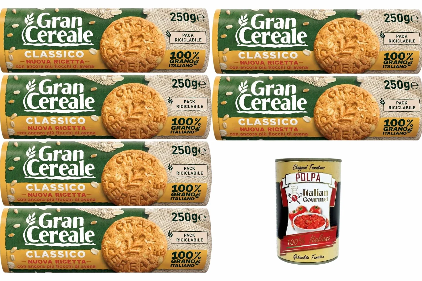 Italian Gourmet Lot 6x Gran Cereale Classico 250g – Biscuits Céréales & Flocons d’Avoine, Goût Authentique, Idéal Petit Déjeuner & Goûter, Format Économique + Italian Gourmet Polpa