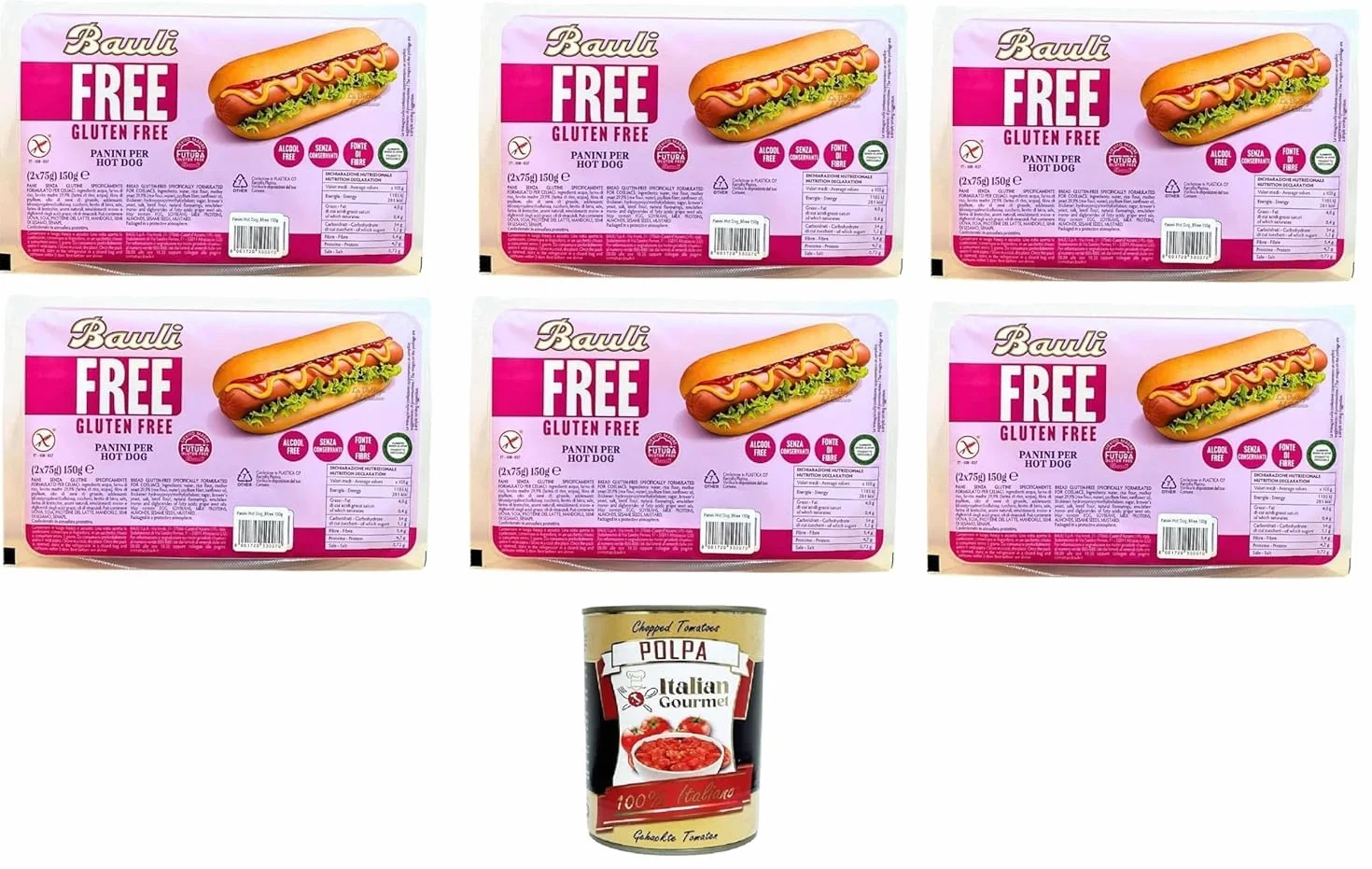 Italian Gourmet Bundle 6 x 150 g pains hot dog sans gluten riches en fibres sans conservateurs format 900 g snack repas rapides street food maison + Italian Gourmet Polpa