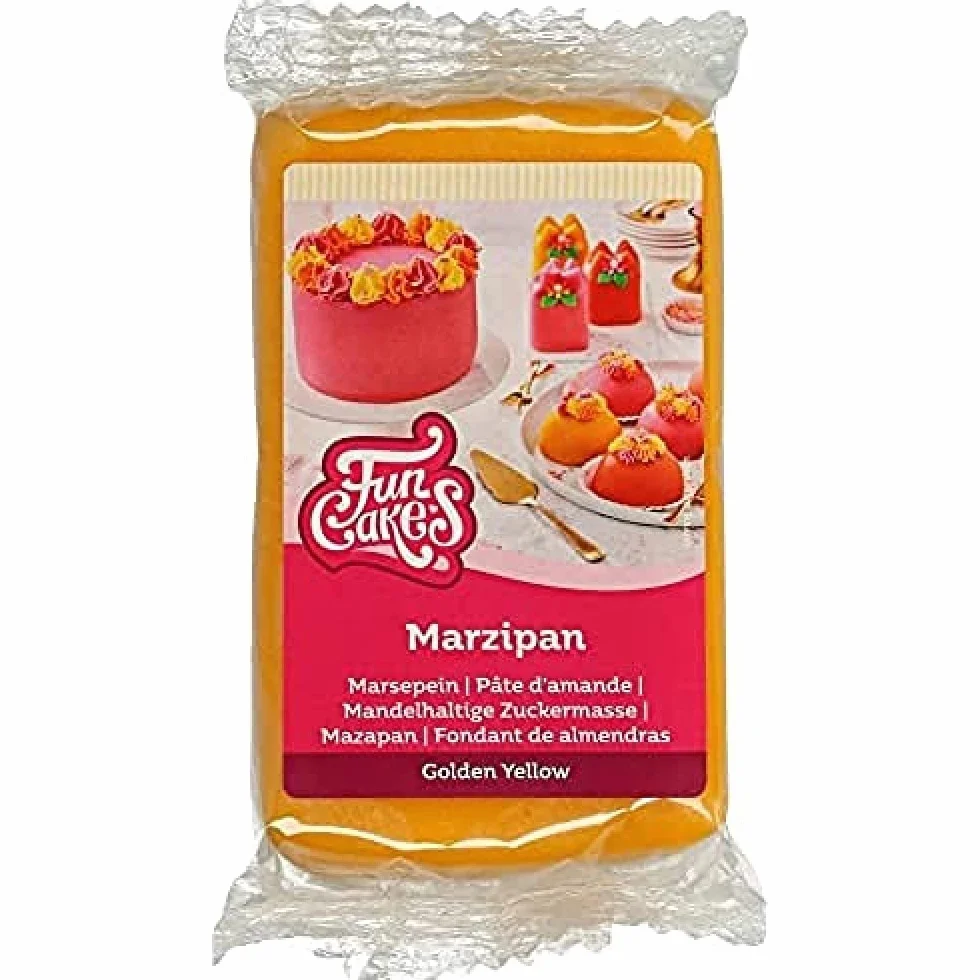 FunCakes Pâte d’amande Golden Yellow: Facile à utiliser, goût délicieux, flexible et lisse, facile à dérouler, fin et ferme, parfait pour la décoration de gâteaux, halal, casher et sans gluten. 250 g.