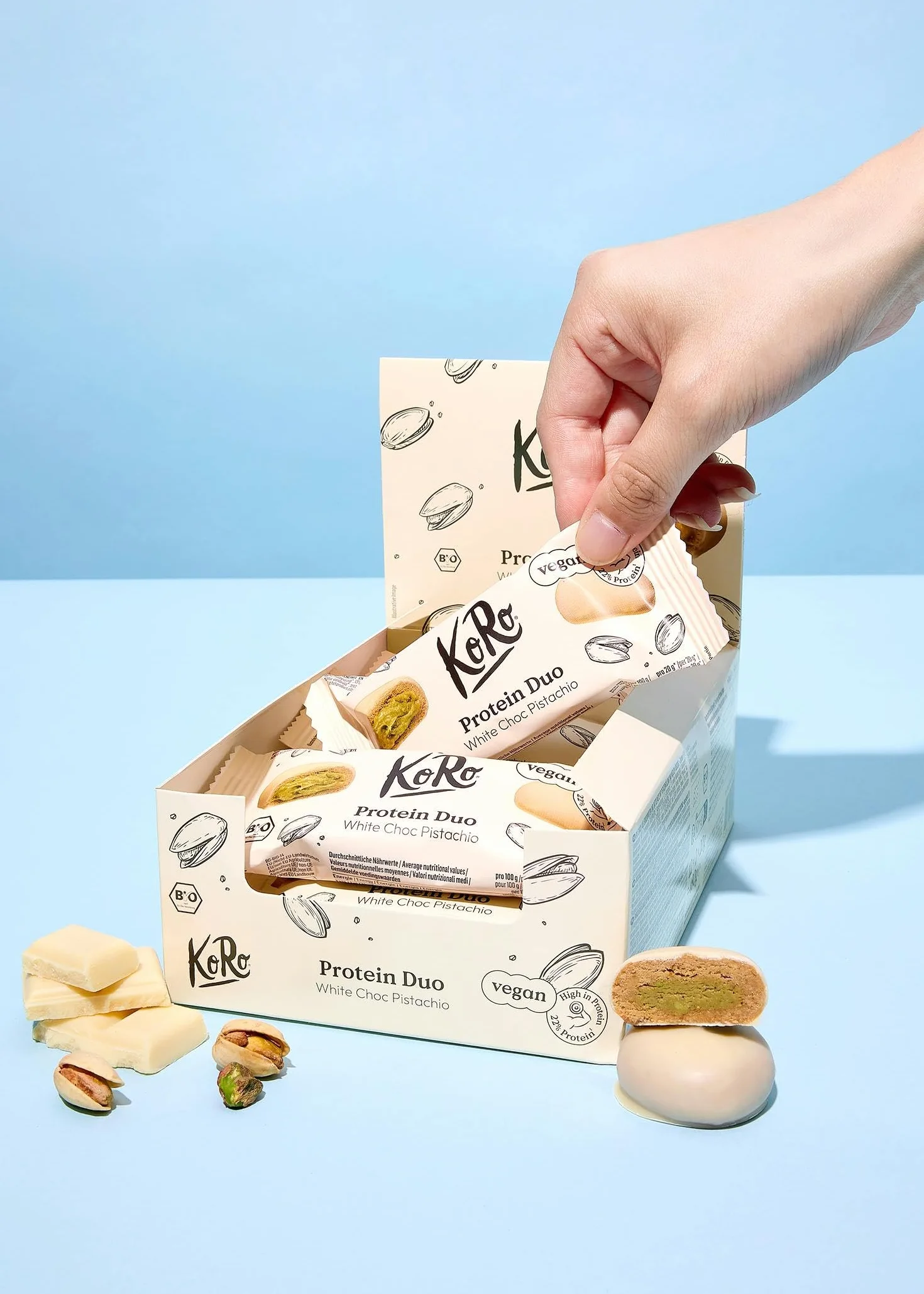 KoRo - Bouchées protéinées bio pistaches et chocolat blanc 12 x 2 x 20 g