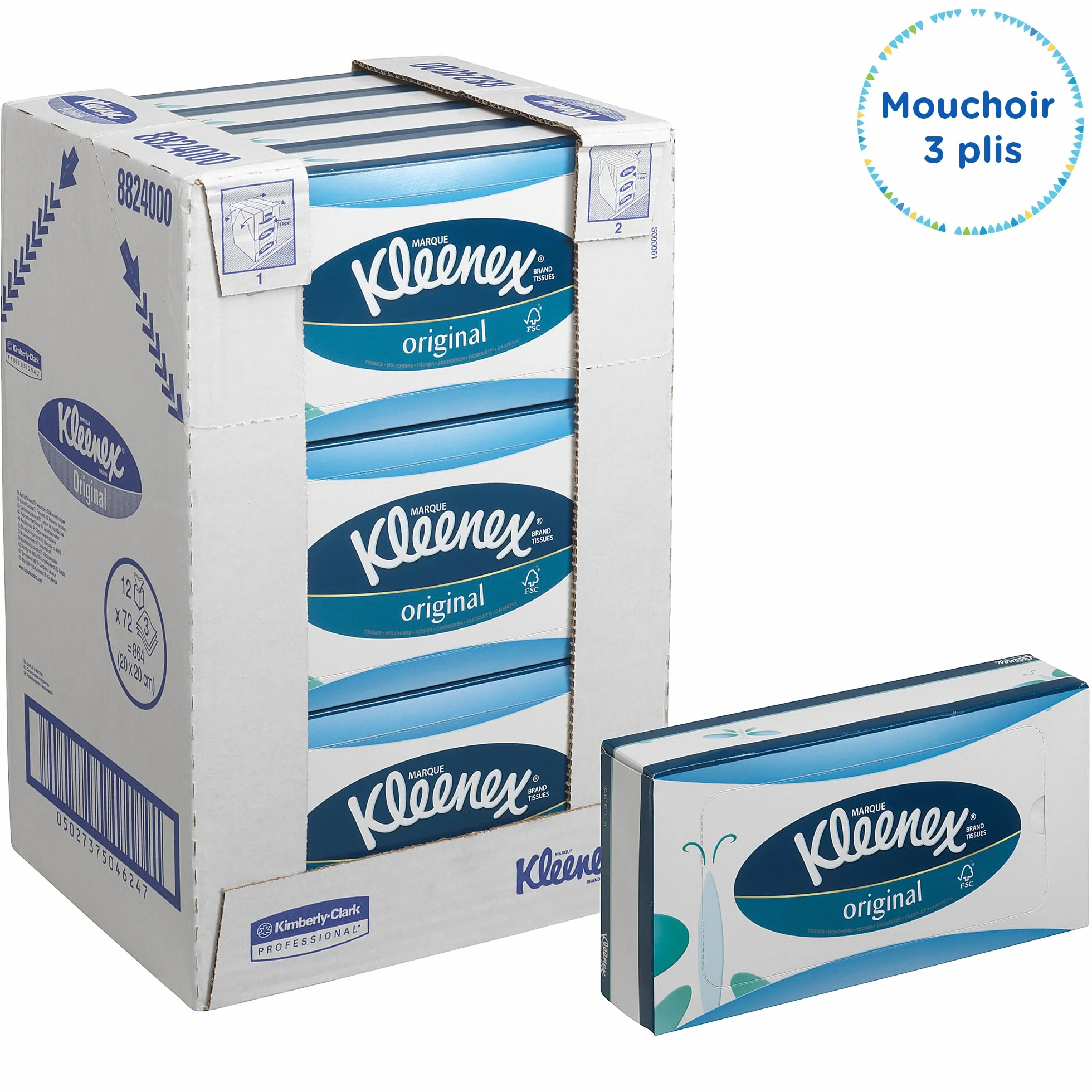 Kleenex Mouchoirs en Boite, 3 Epaisseurs, Absorbants, Certifiés FSC, Ecologiques, Idéals pour Bureaux et Espaces Professionnels, 12 Boites x 72 Mouchoirs (864 au Total), Réf. article 8824