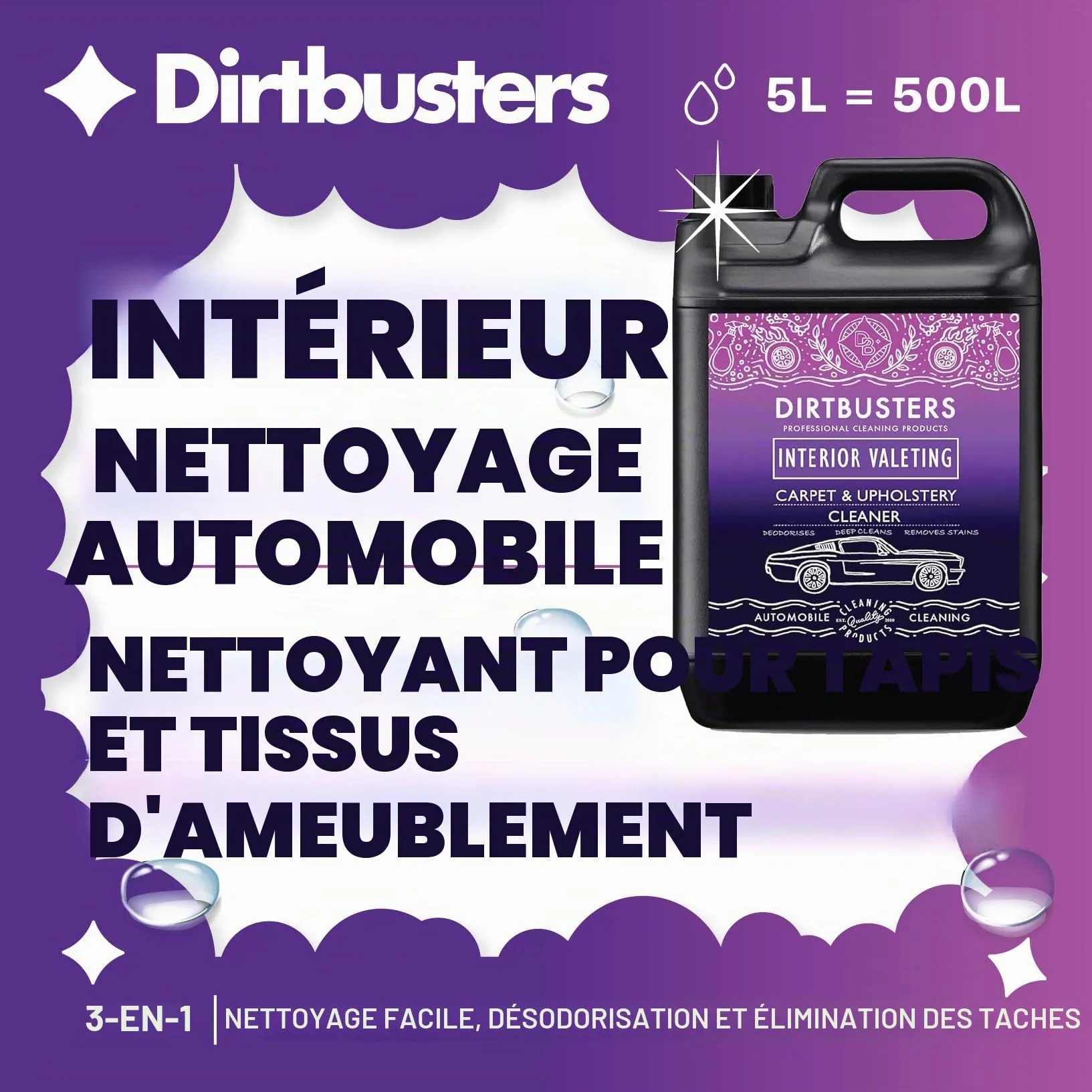 Dirtbusters Solution shampooing nettoyage tapis tissus voiture 5 litre | Habillage intérieur de voiture, Pour machines à tapis moquette