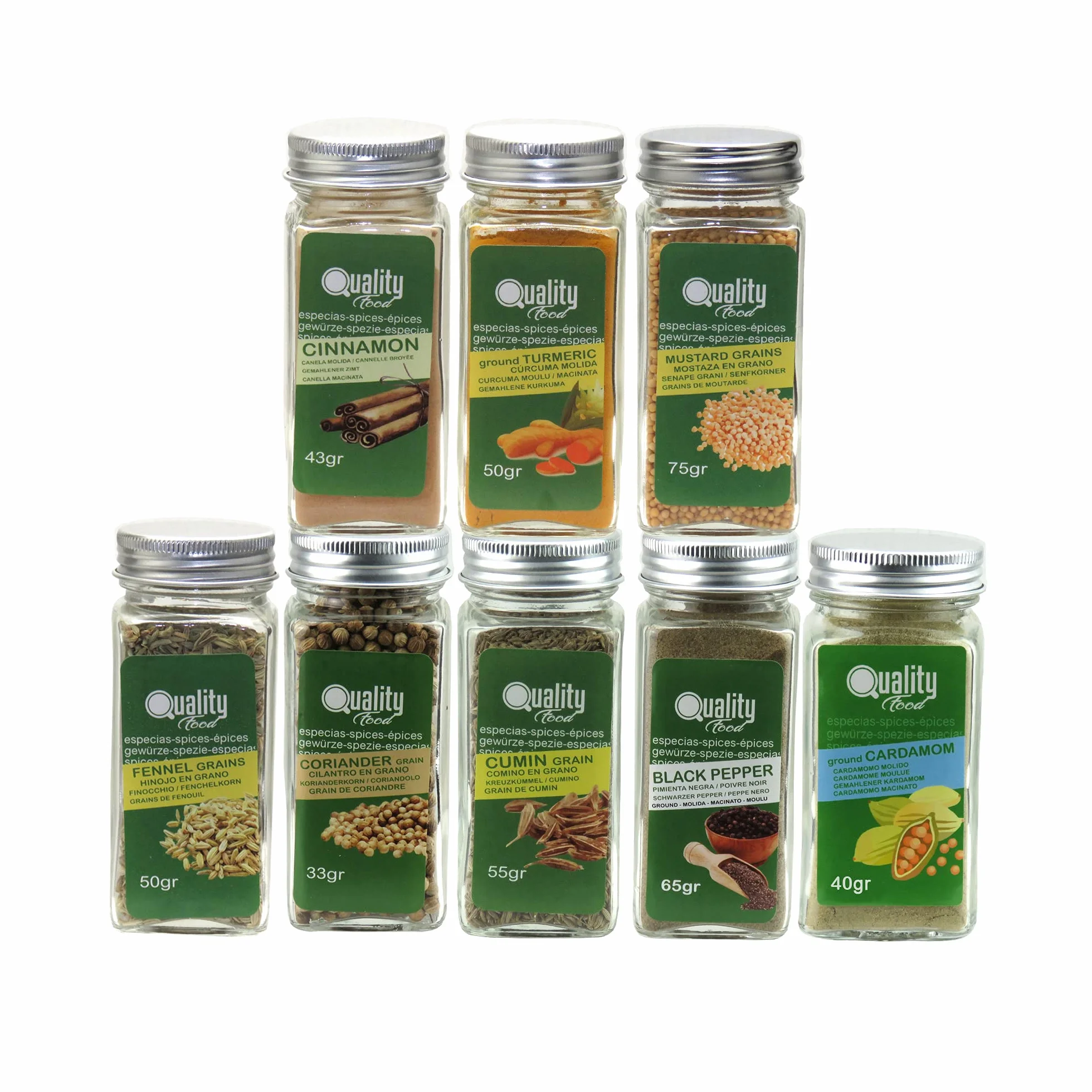 Pack d'épices indiennes. Idéal pour cadeaux et l'usage quotidien. 8 bocaux en verre, réutilisables. Cumin, curcuma, cardamome, coriandre, cannelle, poivre, moutarde et fenouil.