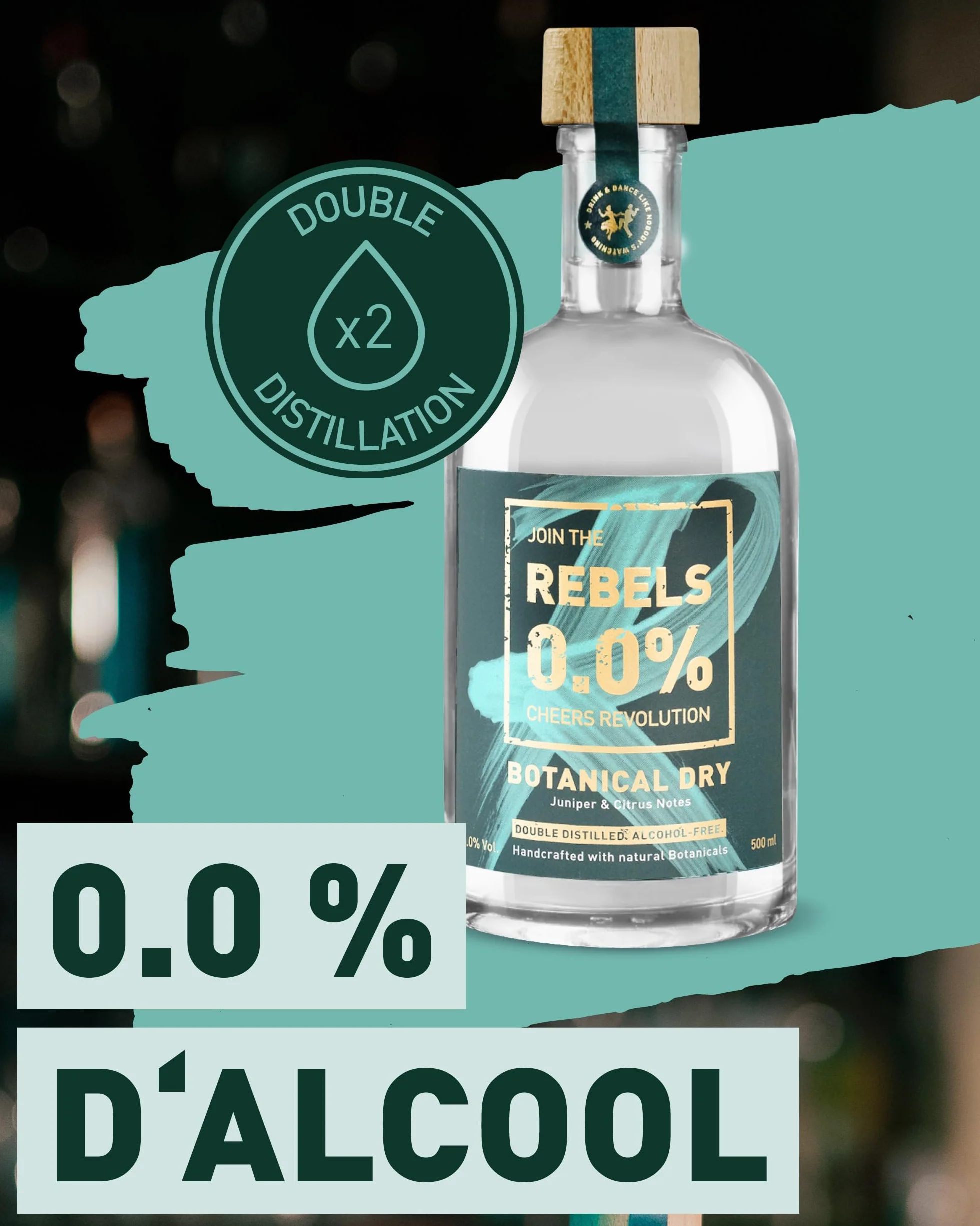 REBELS 0.0% - Alternative sans Alcool inspirée du Gin - Botanical Dry - 500 ml - Distillé deux fois pour un Arôme intense - Goût primé - Végan - Pour Mocktails comme Gin Tonic