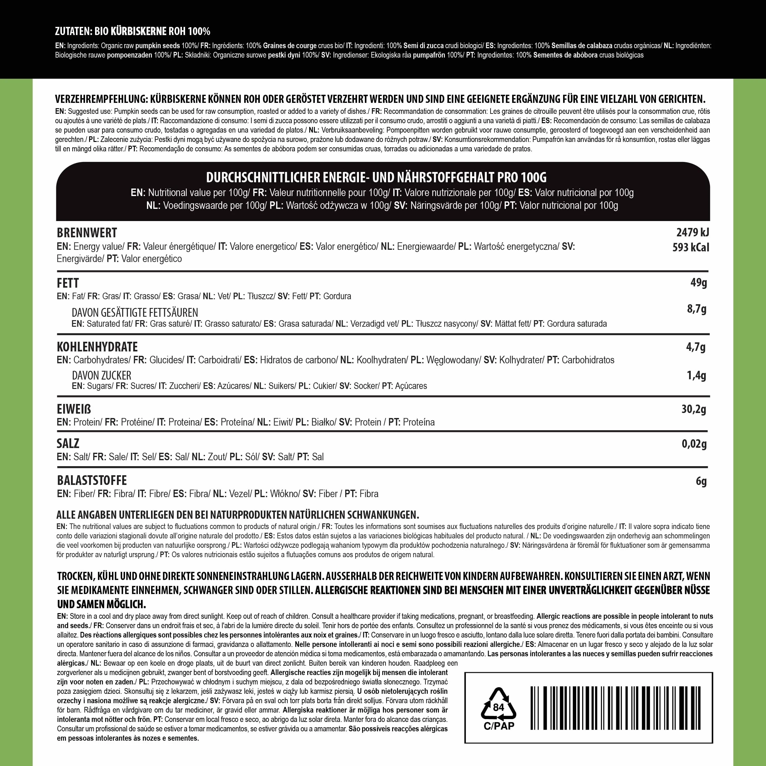 Alpi Nature Graine de Courge BIO 1kg, Graines de Courge Crues et Pelées pour Salades, Smoothies et Desserts