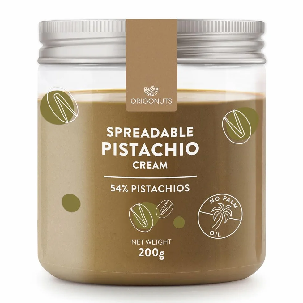 ORIGONUTS, Pate de Pistache 54% Pistaches, Creme Pistache - Base pour Gâteau, Creme, Dessertes, Glace, Patisserie, Chocolat Dubai - Sans Colorants, Sans Huile de Palme - 200 g