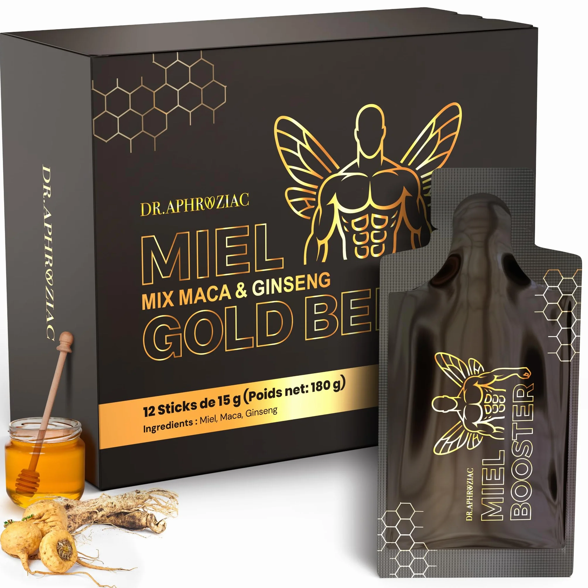 Miel by DR.APHROZIAC – 12 sticks pratiques de 15 g – Maca & Ginseng – Saveur douce, texture soyeuse – Une expérience authentique et distinguée