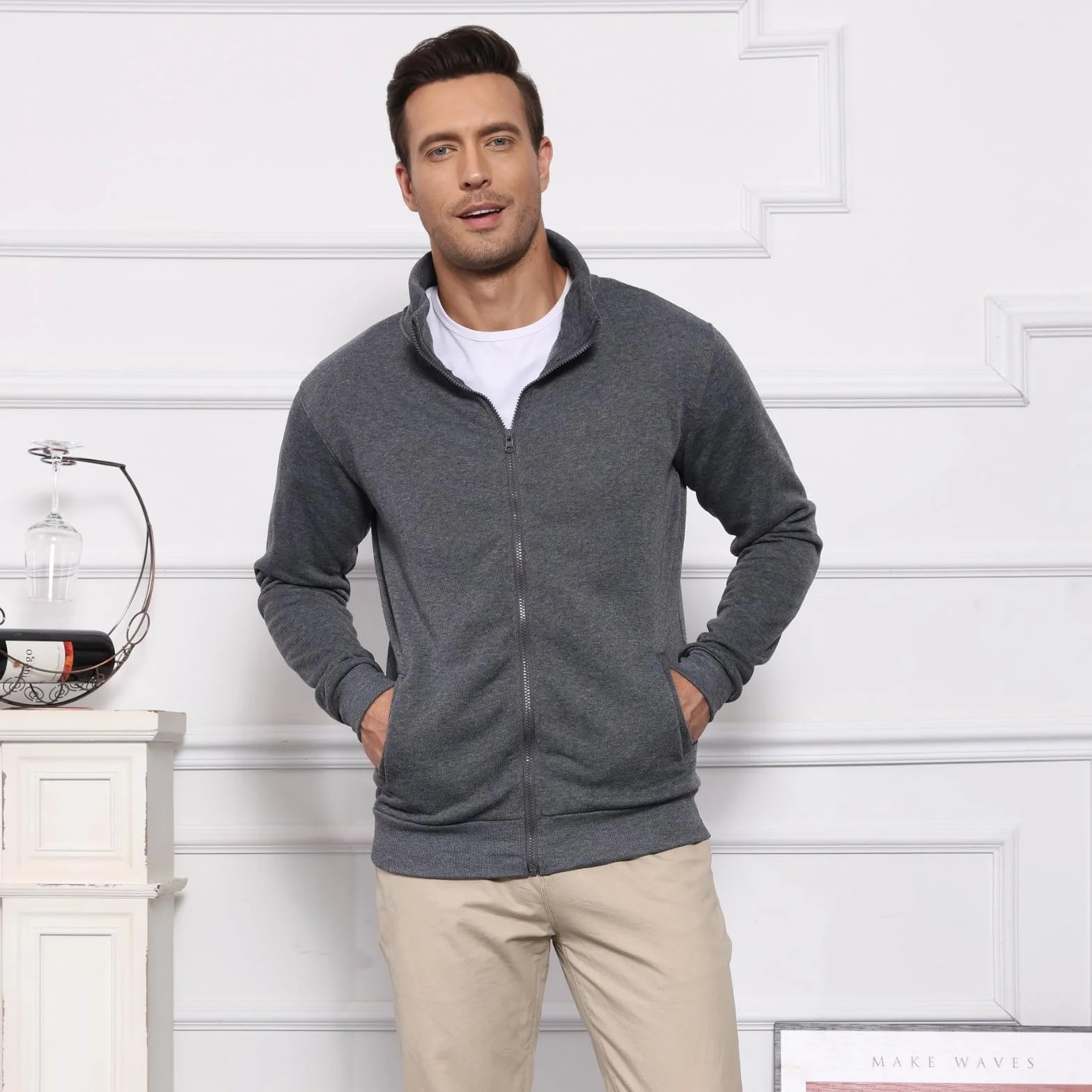 Sweat Homme sans Capuche Zippé Sweatshirt Sport Veste Légère Hiver M-3XL