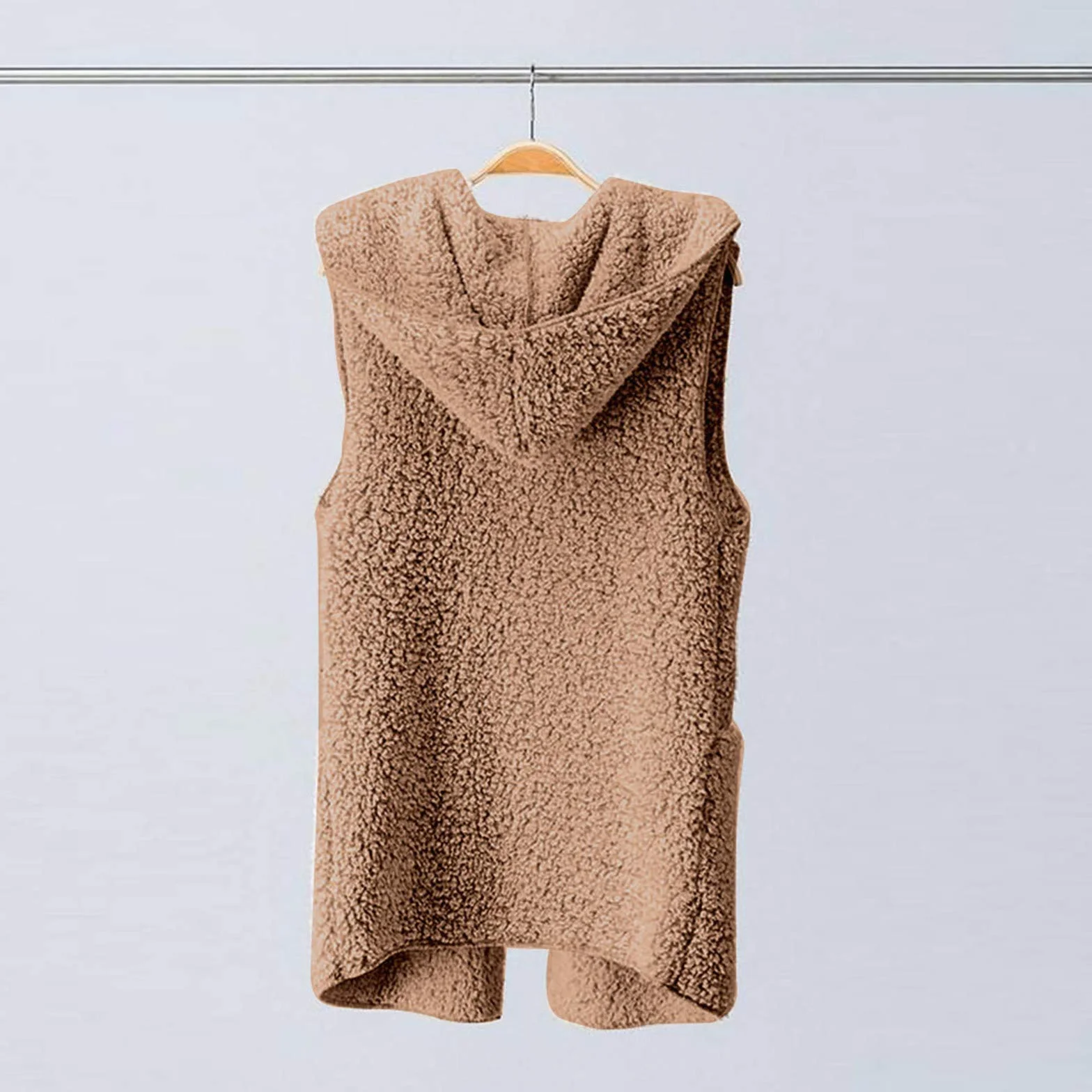Gilet long en laine pour femme sans manches, veste chaude en peluche à capuche