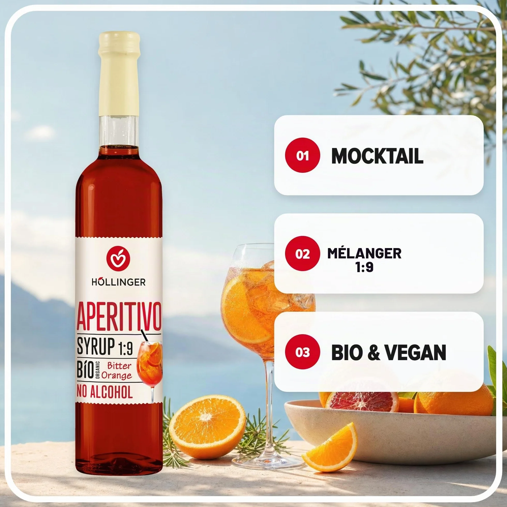 Höllinger Sirop à cocktail bio aperitivo - vegan, bouteille en verre 3x500ml - cocktail sans alcool