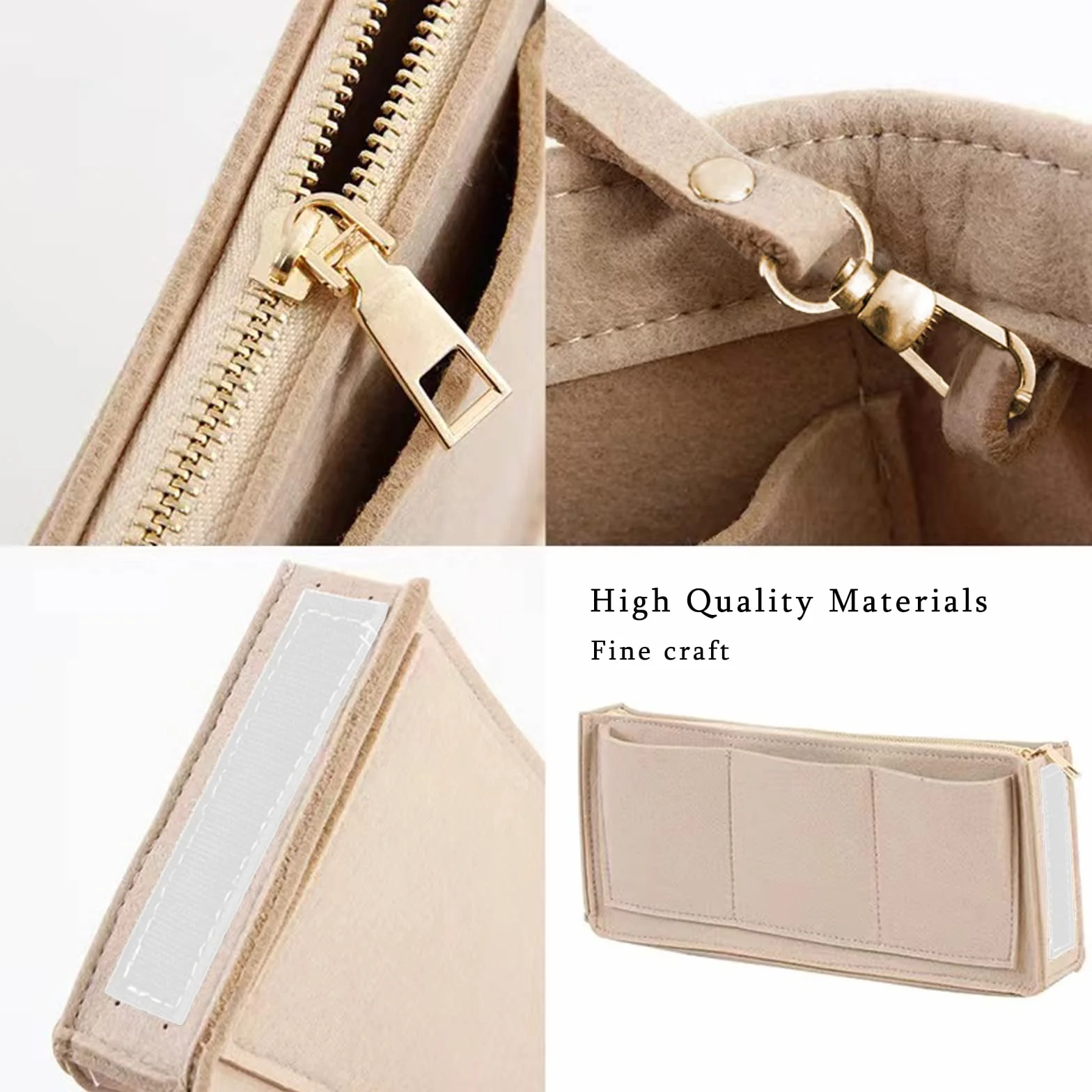 NEPAK Organisateur de Sac à Main en Feutre, Sac de Rangement Intérieur Bag in Bag pour Femmes avec Fermeture éclair (Beige, S)