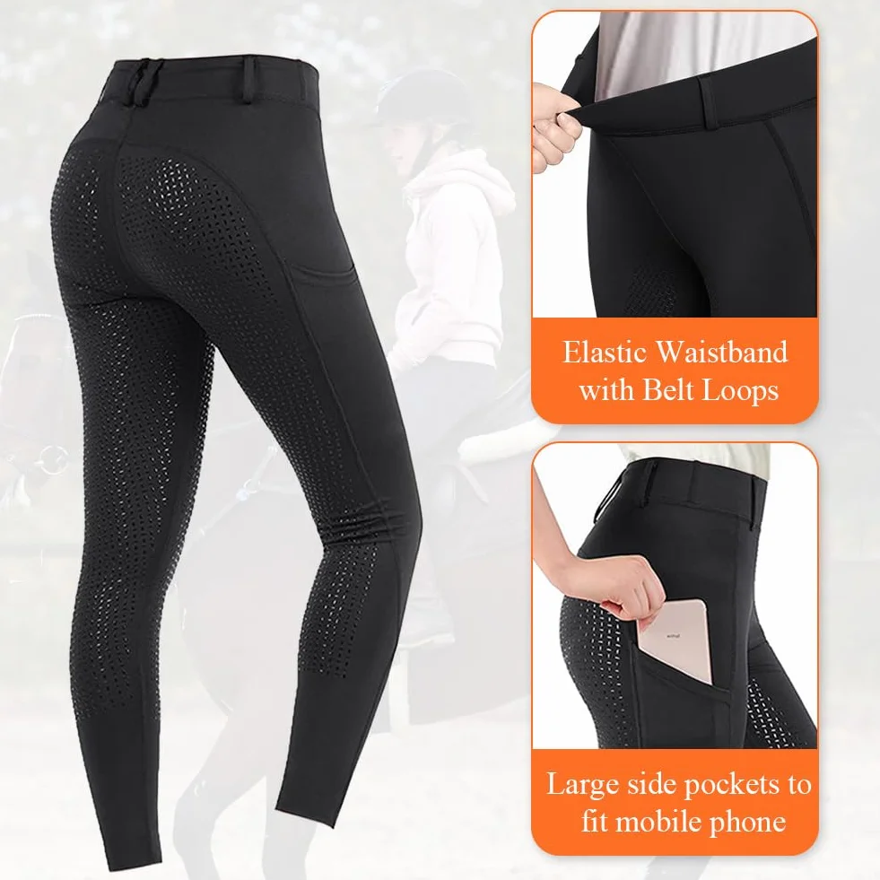 Pantalon d'Équitation Femme HOTUT, Legging à Fond Intégral Silicone Taille Haute avec Poche