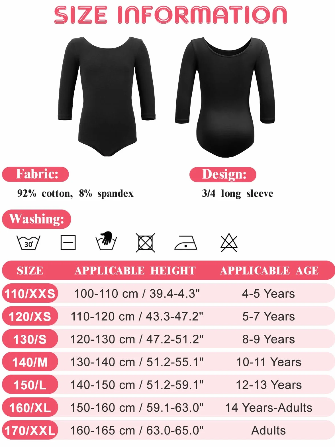 Soudittur Justaucorps Danse Classique Coton Manches 3/4 Ballet Filles Taille 110-170
