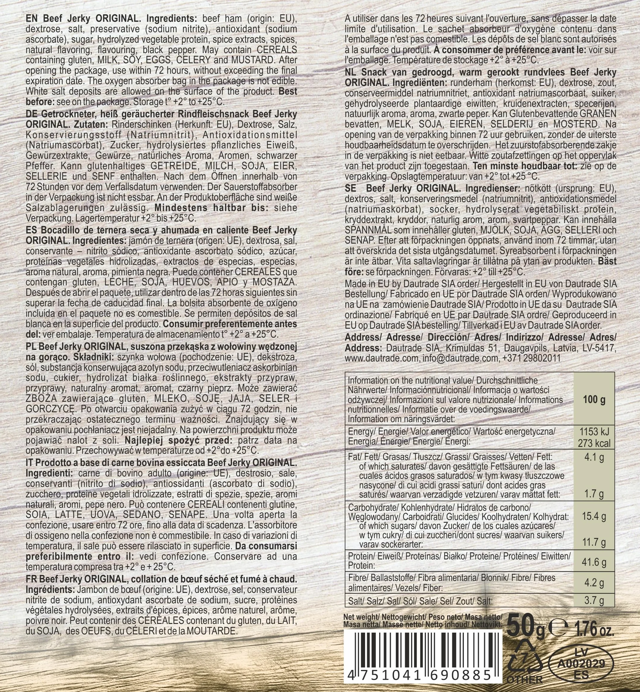 Viking Bites Beef Jerky Original 400g (8 x 50 g) - Bœuf séché - En-cas à base de viande riche en protéines