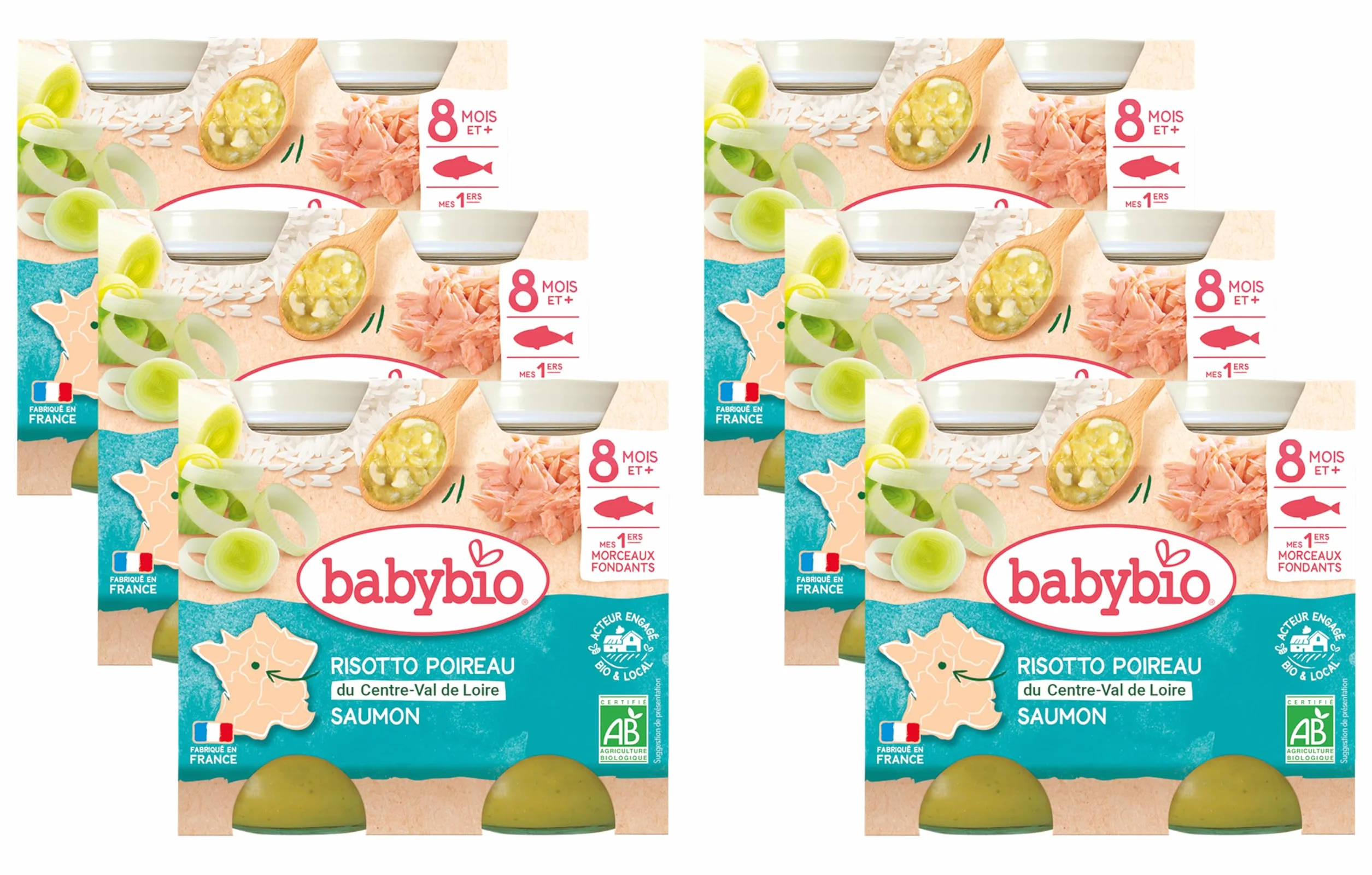 BABYBIO - Petits pots - Risotto Poireau Saumon avec morceaux - BIO - 8+ mois - 2x200g - Lot de 6
