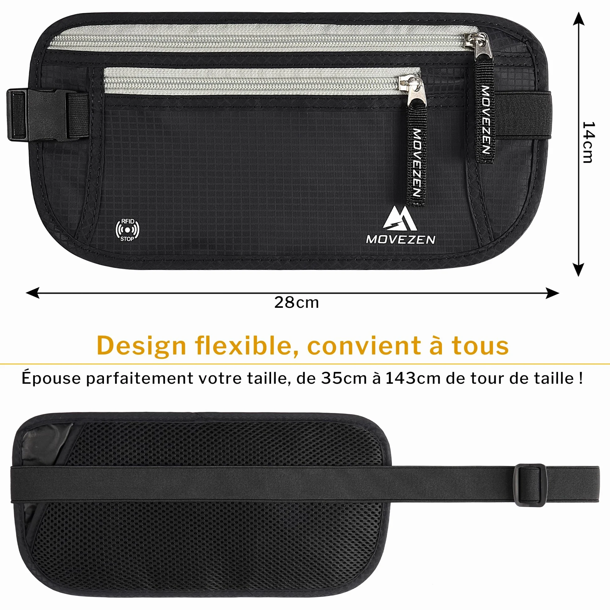 Ceinture Cache Billets Homme Femme RFID, Sac Banane Discret Antivol Voyage (Noir Profond)