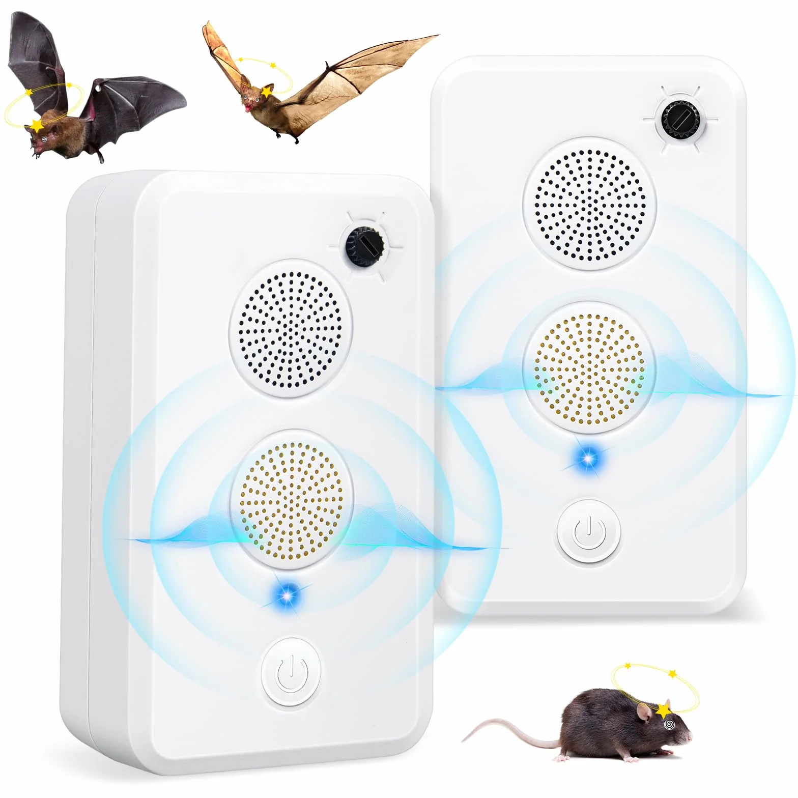 Lot de 2 répulsifs à ultrasons pour chauves-souris à ultrasons pour grenier - Pour se débarrasser des chauves-souris - Rechargeable - Utilisation intérieure et extérieure - Respectueux des humains et