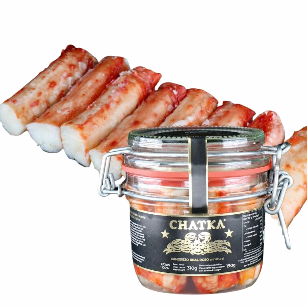 Chatka - Conservation au format traditionnel contenant de pattes de crabe royal rouge et de chair de crabe émiettée, préparée pour une utilisation culinaire (190 gram)