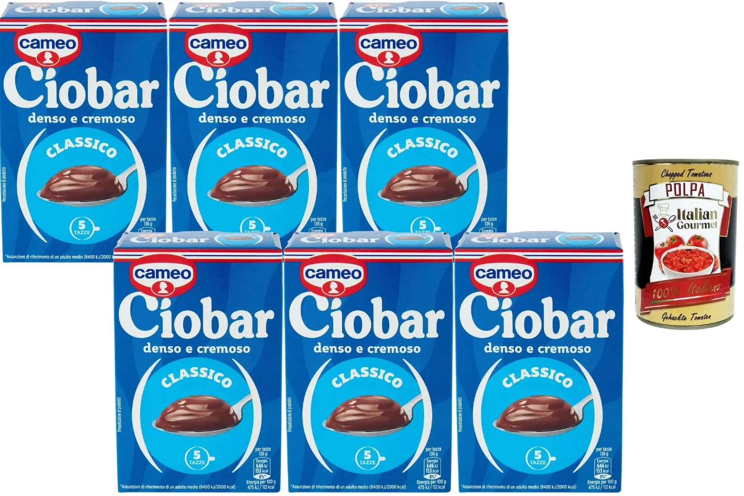 Italian Gourmet Ciobar Classico Chocolat Cameo – Chocolat Chaud Épais & Crémeux, Préparation en Poudre pour Boisson Cacao, Lot de 6 x 125 g (750 g) + Italian Gourmet Polpa