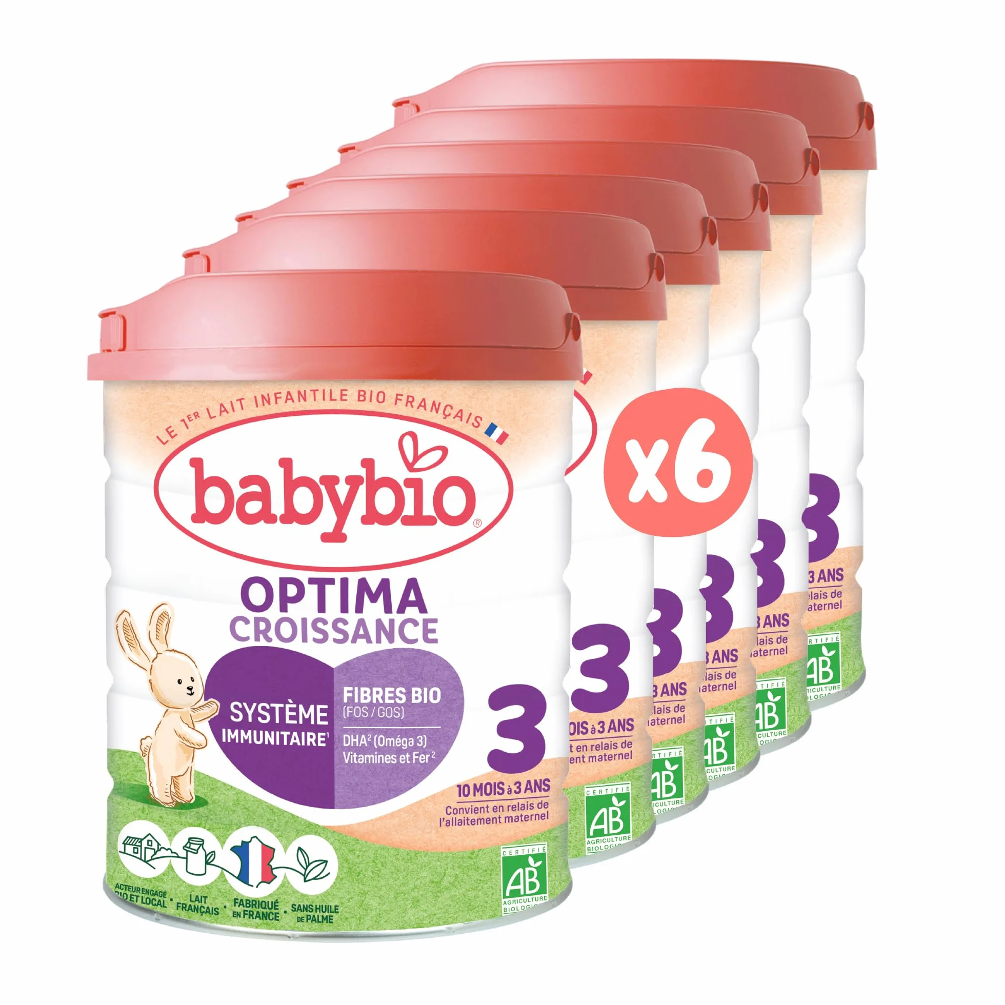 Babybio - Lait Infantile - Optima 3ème Âge avec Fibres - 800g - dès 10 Mois - BIO - Fabriqué en France - Sans Huile de Palme - Lot de 6