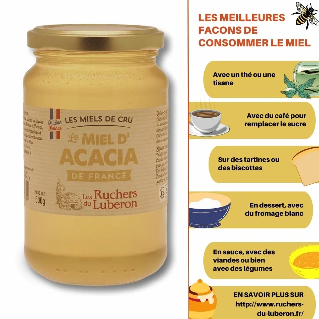 Les Ruchers du Luberon - Miel d’Acacia 500 g - Miel de Cru Francais Naturel - Pur - Non Filtré - Non Pasteurisé - Sans Additifs