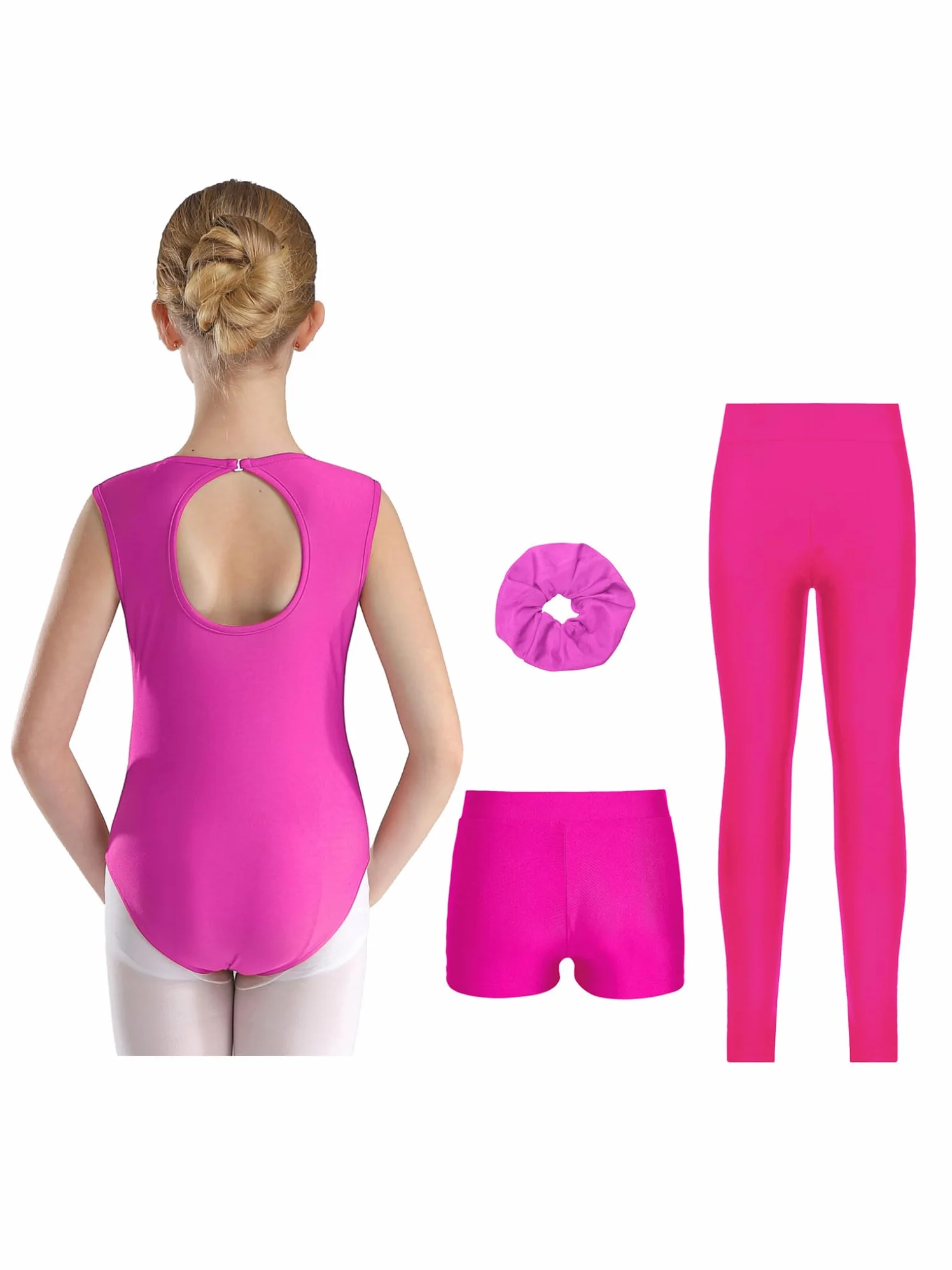 Oyolan Ensemble de Gymnastique 4 Pièces pour Fille Justaucorps Legging Short Chouchou Tenue Danse Gym Patinage Sport Fitness