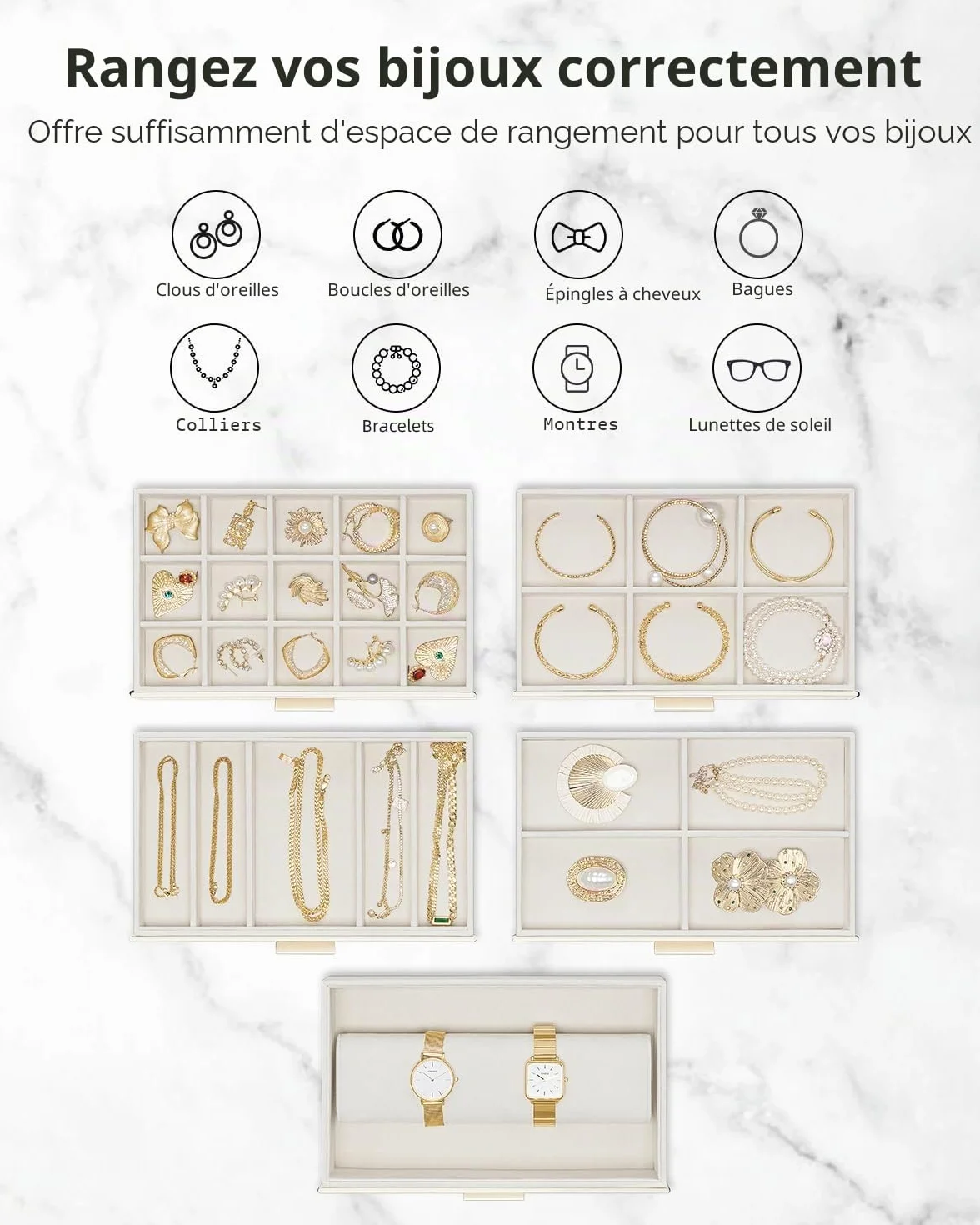 Vlando Boîte à bijoux moderne grande 6 niveaux avec tiroirs miroir coussinet pour montre