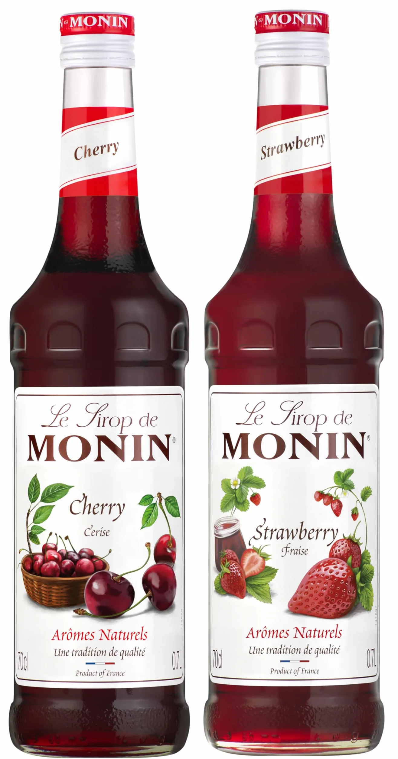 MONIN - Assortiment de Fruits Rouges de Sirop de Cerise et de Sirop de Fraise pour Cocktail pétillant, Cocktail, Thé Glacé et Limonade - Arômes Naturels - 2 * 70cl