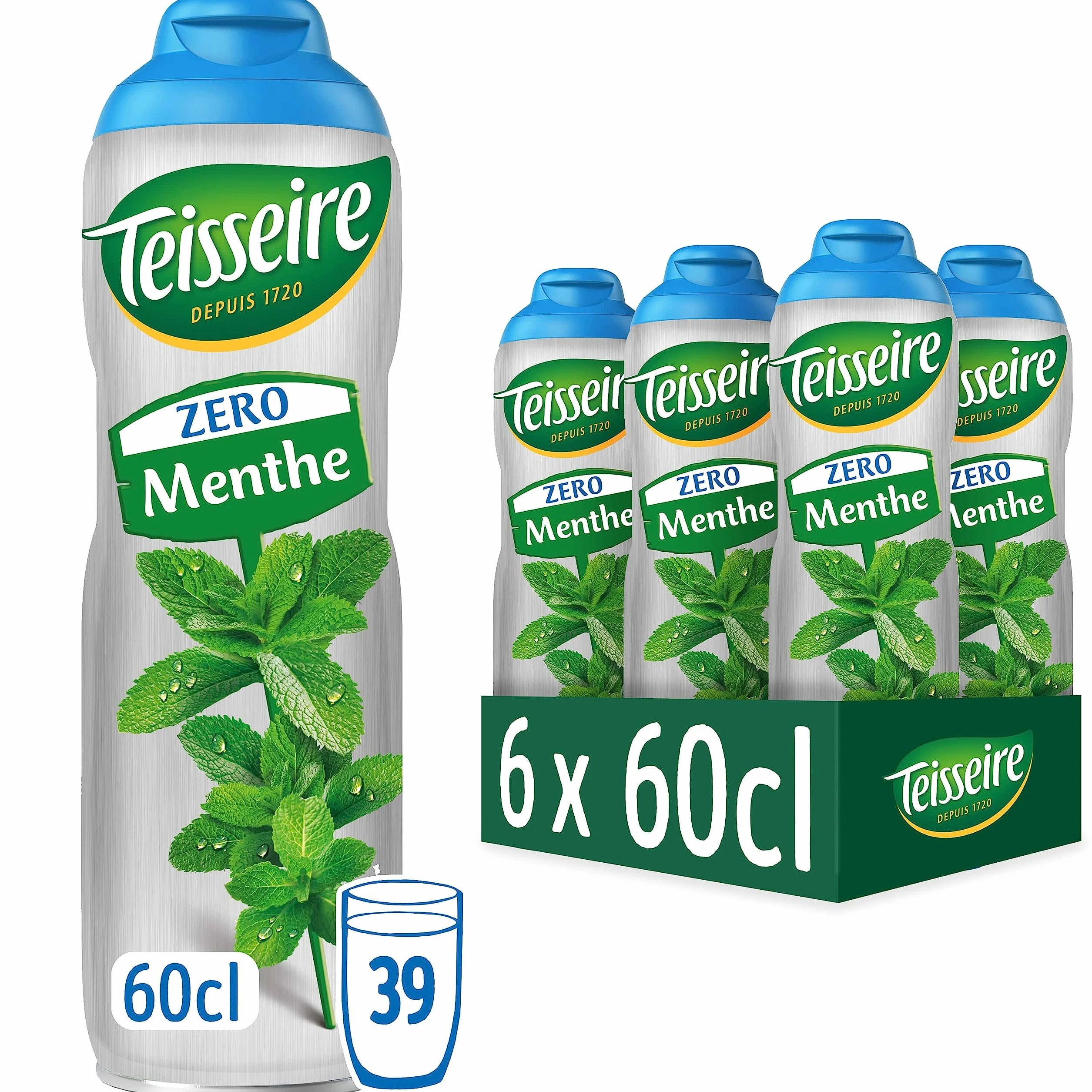 Teisseire Zéro Sucre, Sirop de Menthe Verte pour Boisson Rafraîchissante, Cocktails, Bidon 6x60cl