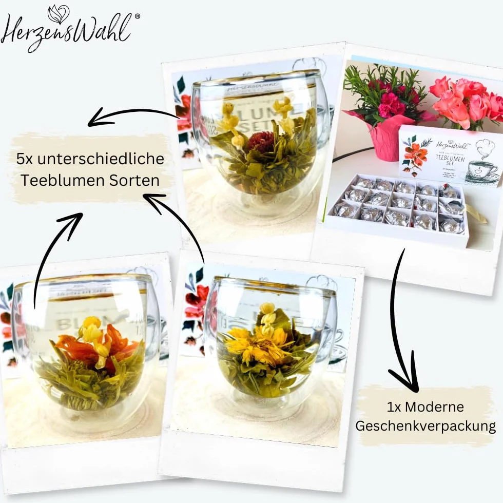 HerzensWahl Coffret cadeau de fleurs de thé - 15 fleurs de thé blanc, thé vert et thé noir dans une boîte à thé - Kit de dégustation de fleurs de thé pour les amateurs de thé avec boîte cadeau