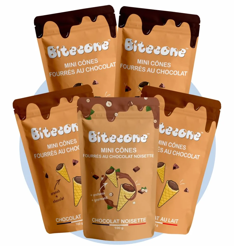 BITECONE - Choco-Addict | Fin de Cornet de Glace | Mini cones fourrés | Pack de 5 Sachets | Marque 100% française | Fabriqués en Bretagne | Snacks avec Cacao Durable | Sans Huile de Palme | 500g