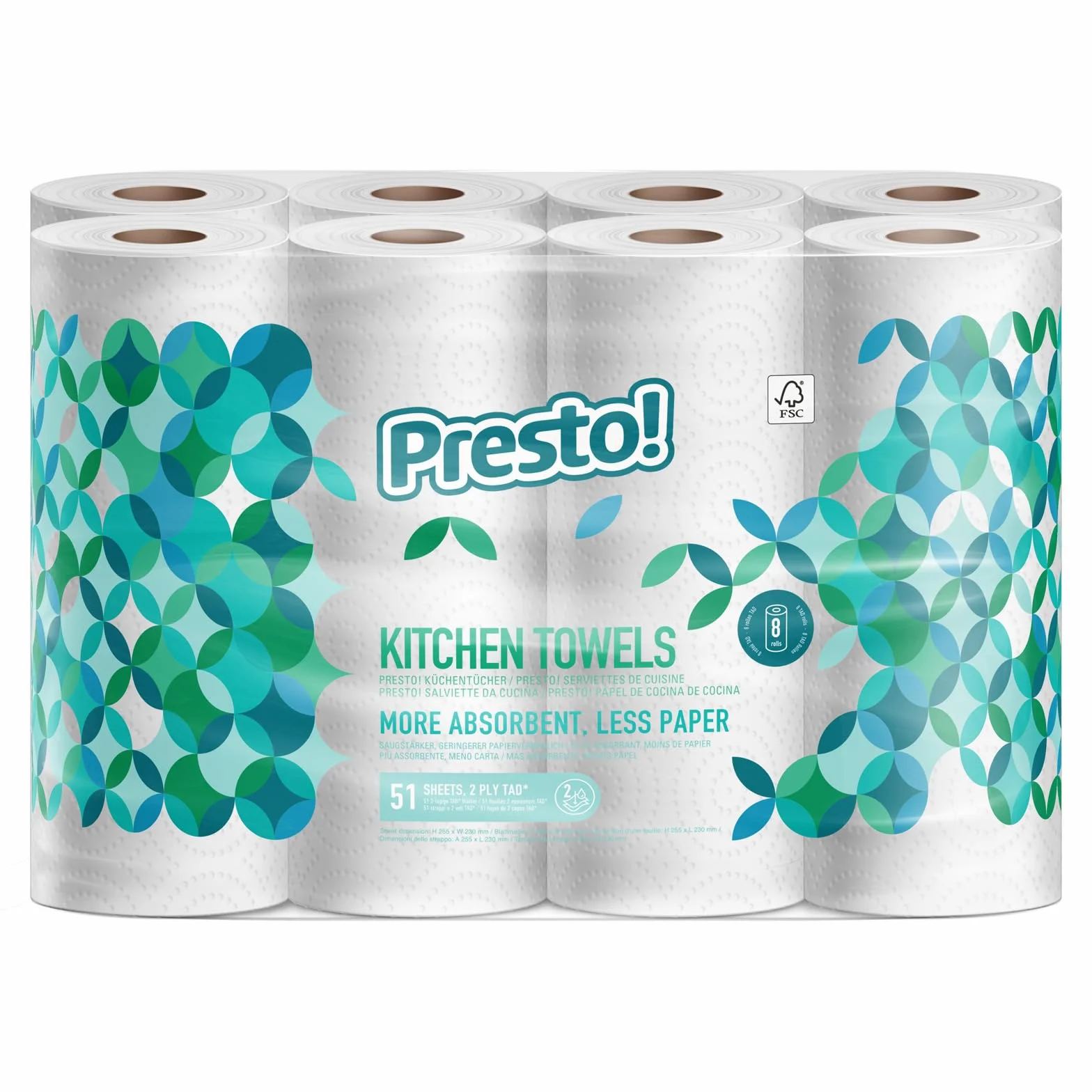 Marque Amazon - Presto! Essuie-tout TAD, Extra Absorbant, 8 Rouleaux (1 Paquet de 8), 51 Feuilles par Rouleau, Essore et Réutilise, Certifié FSC