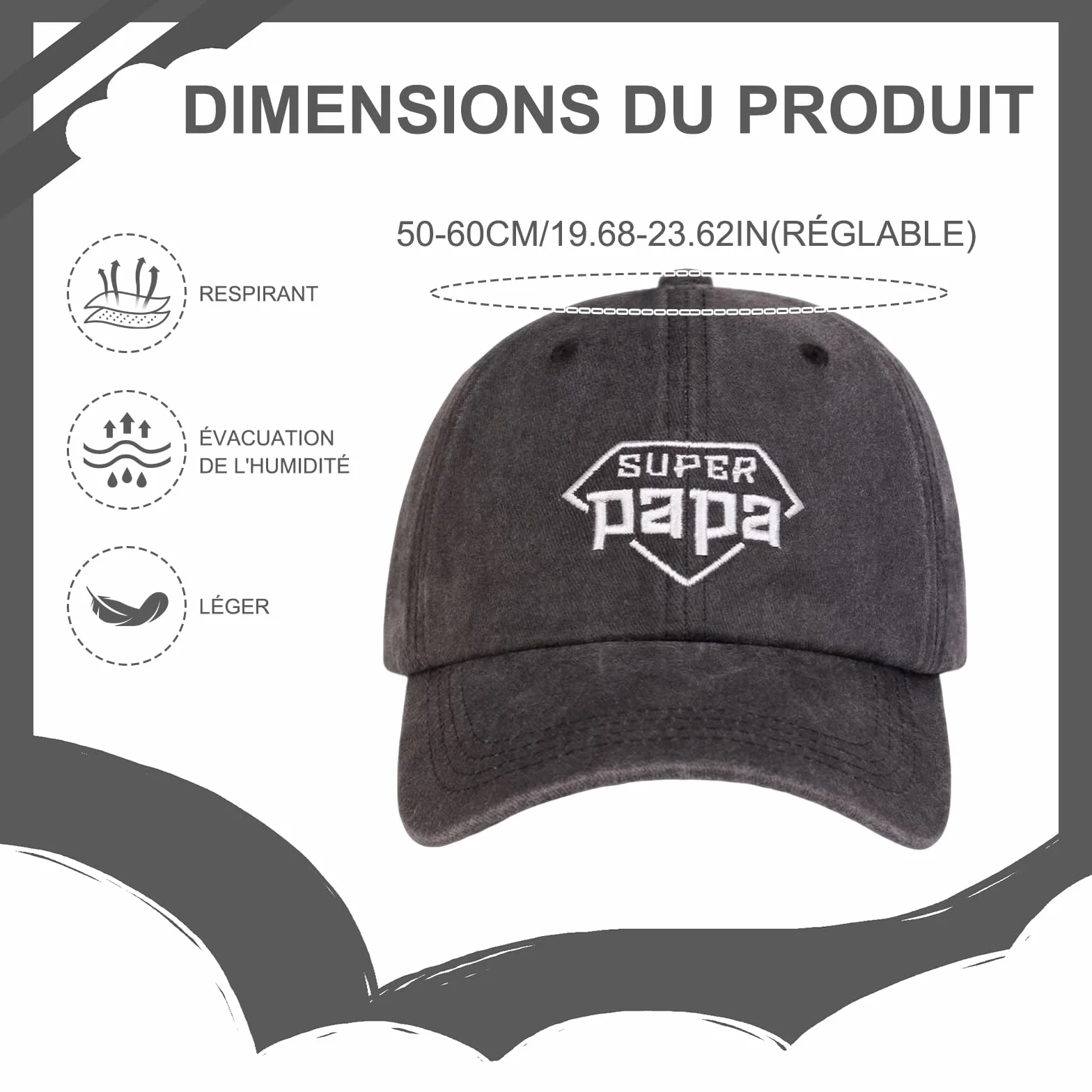 Casquette Papa Super Papa Brodée Coton Réglable Style Vintage Cadeau Fête des Pères